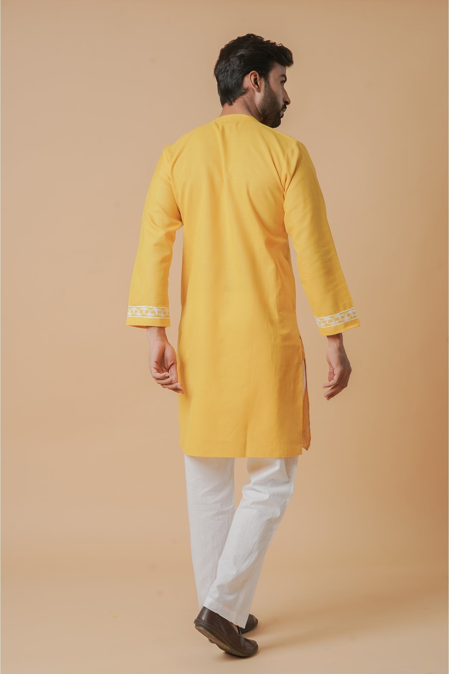 Cotton Aari Work Kurta for Men – Yellow