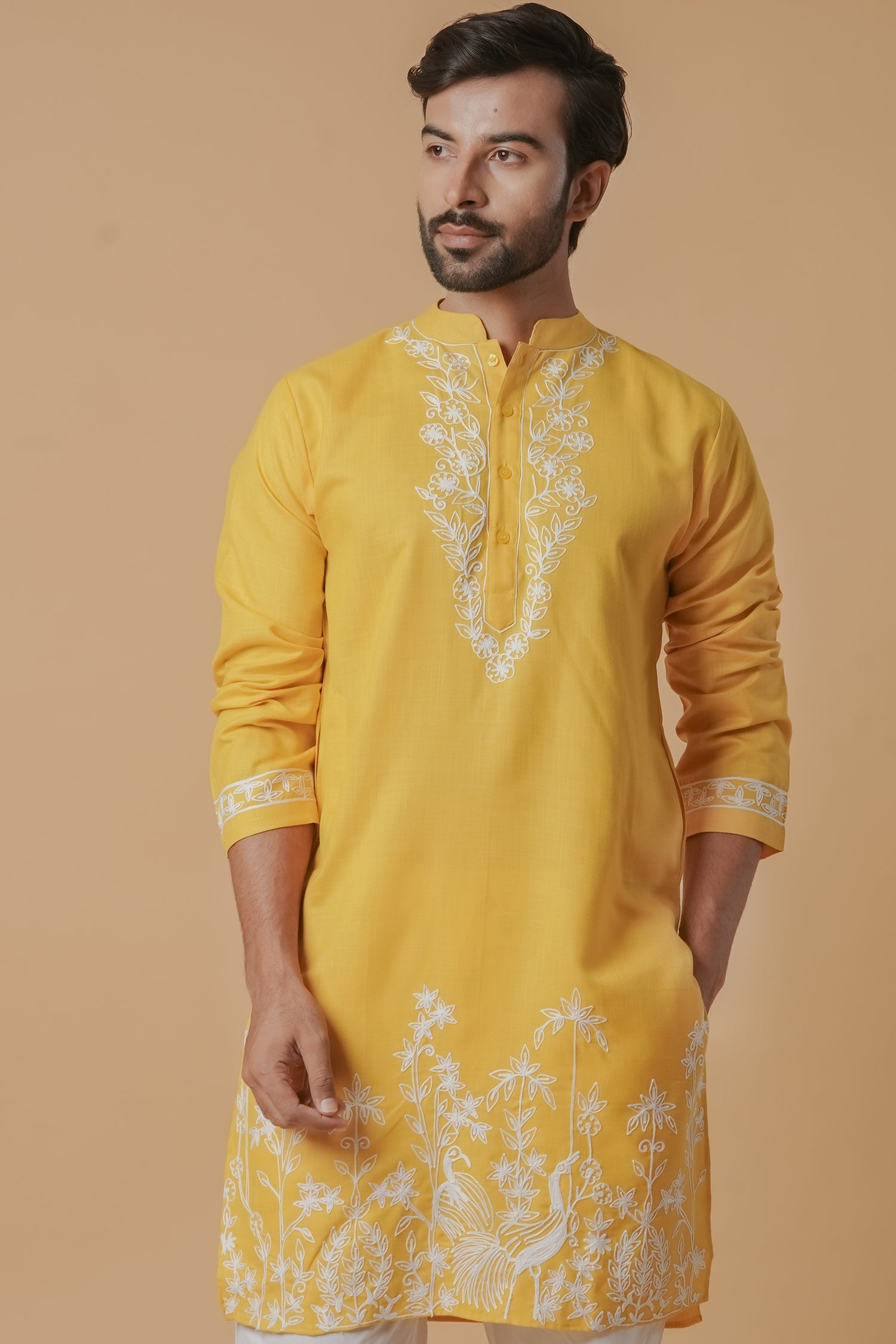 Cotton Aari Work Kurta for Men – Yellow
