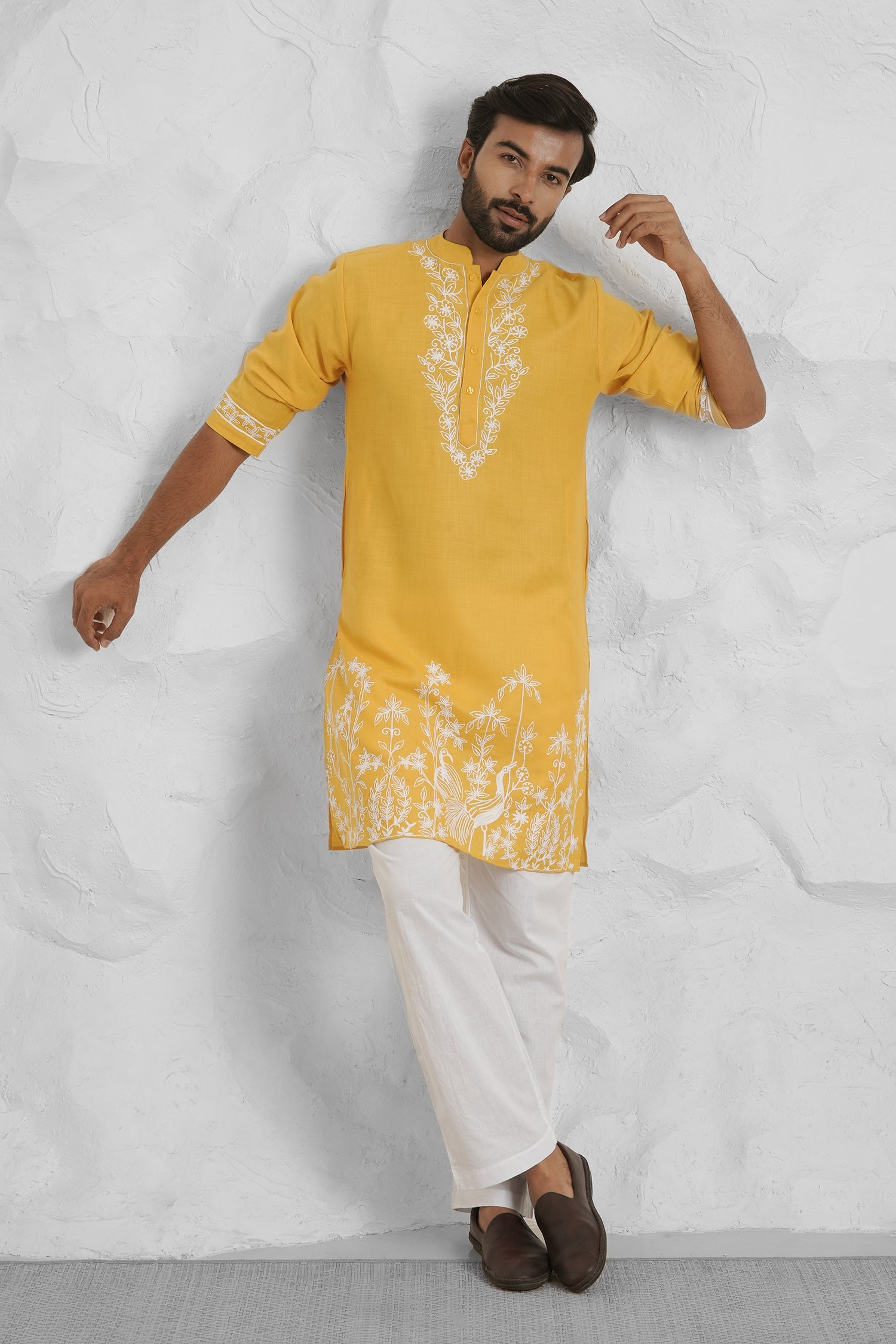 Cotton Aari Work Kurta for Men – Yellow