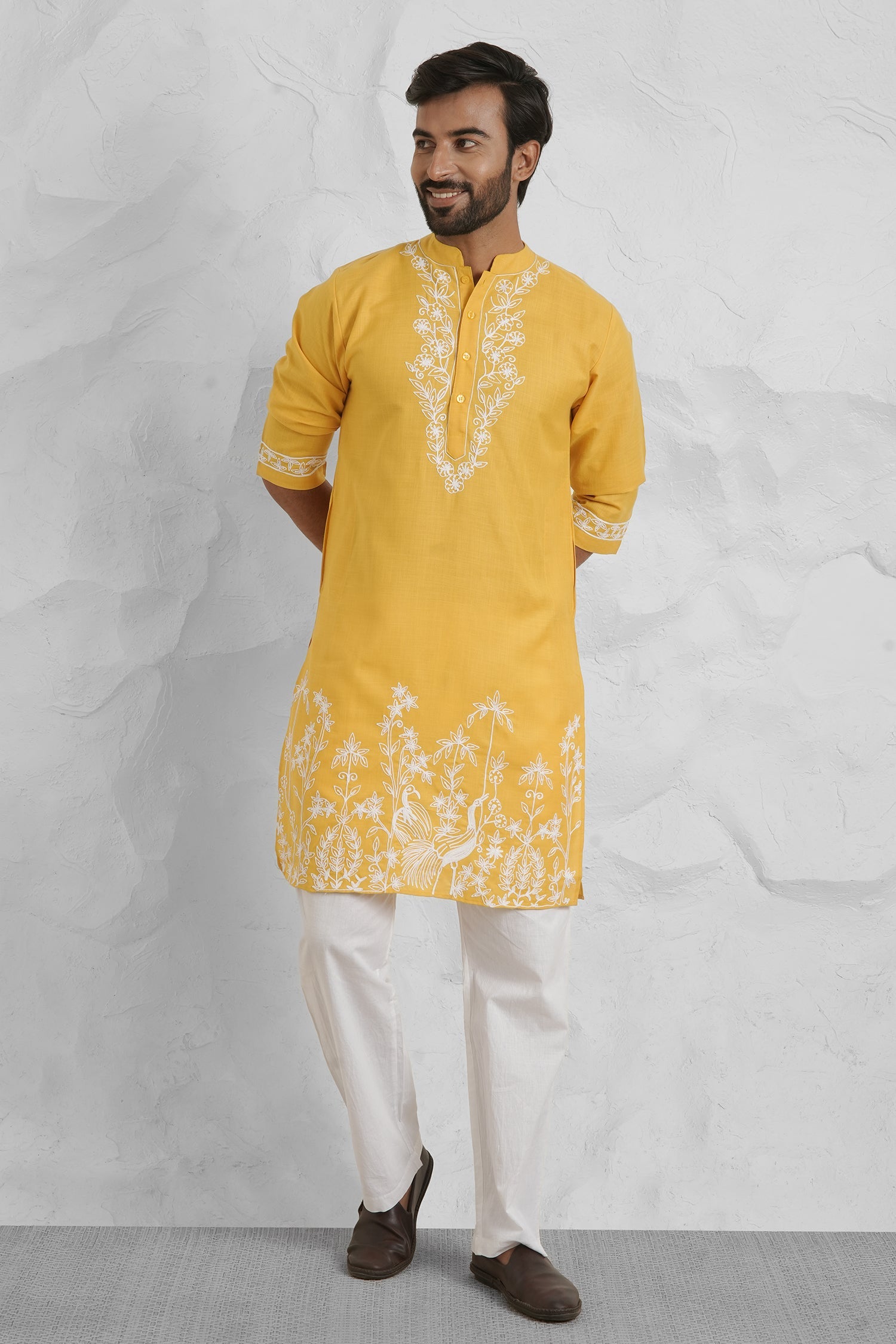 Cotton Aari Work Kurta for Men – Yellow