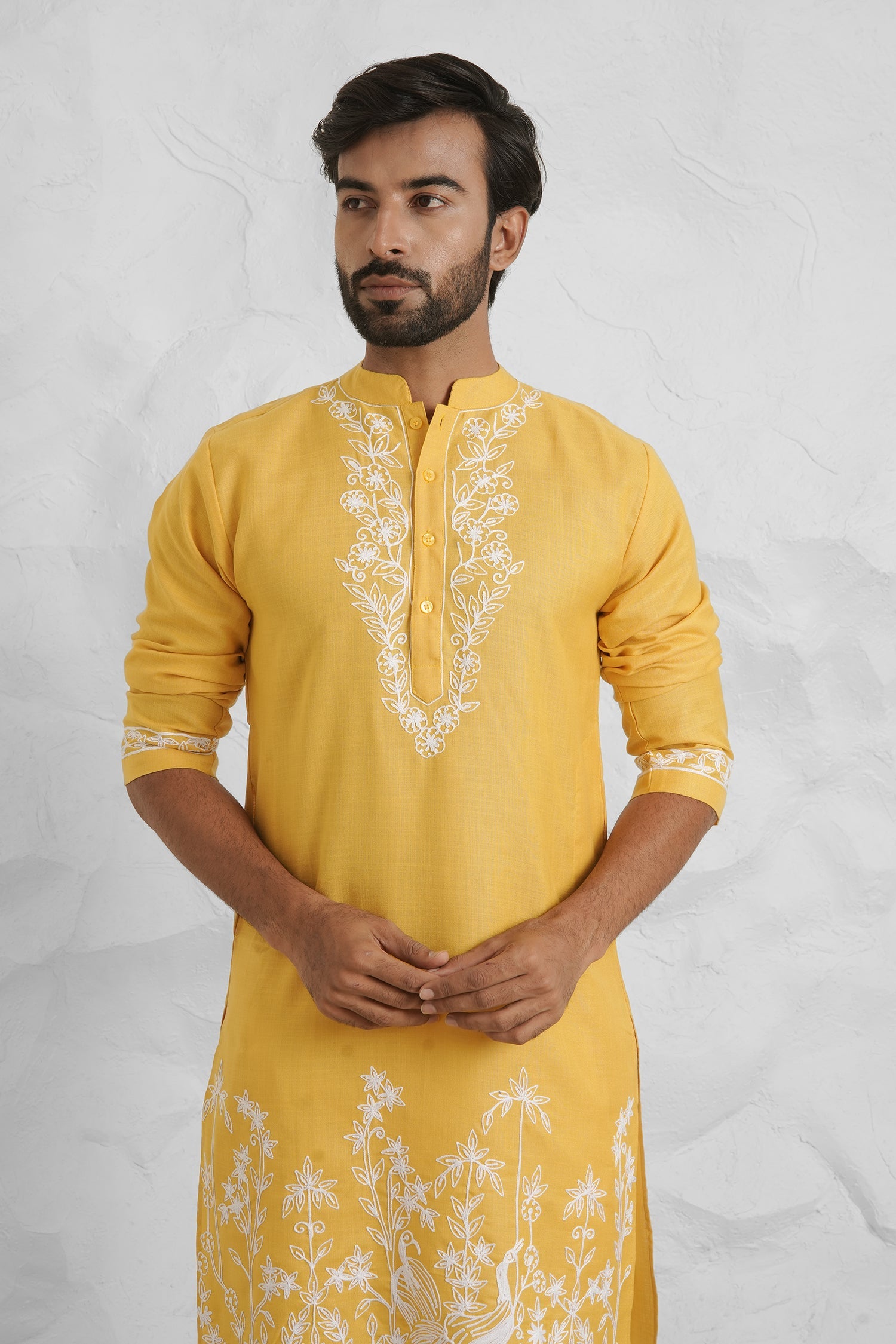 Cotton Aari Work Kurta for Men – Yellow
