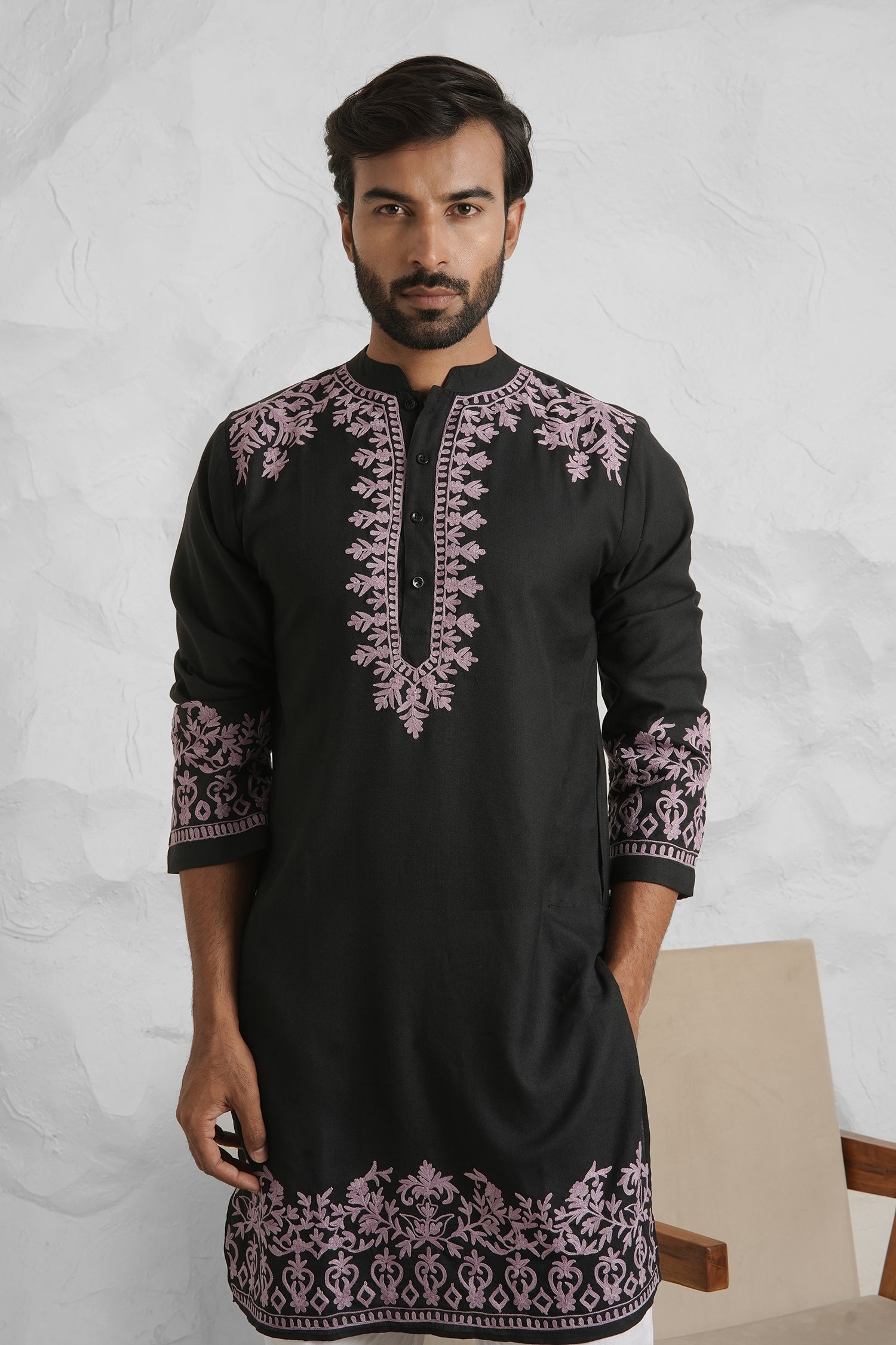 Cotton Aari Work Kurta for Men – Black with Mauve Embroidery