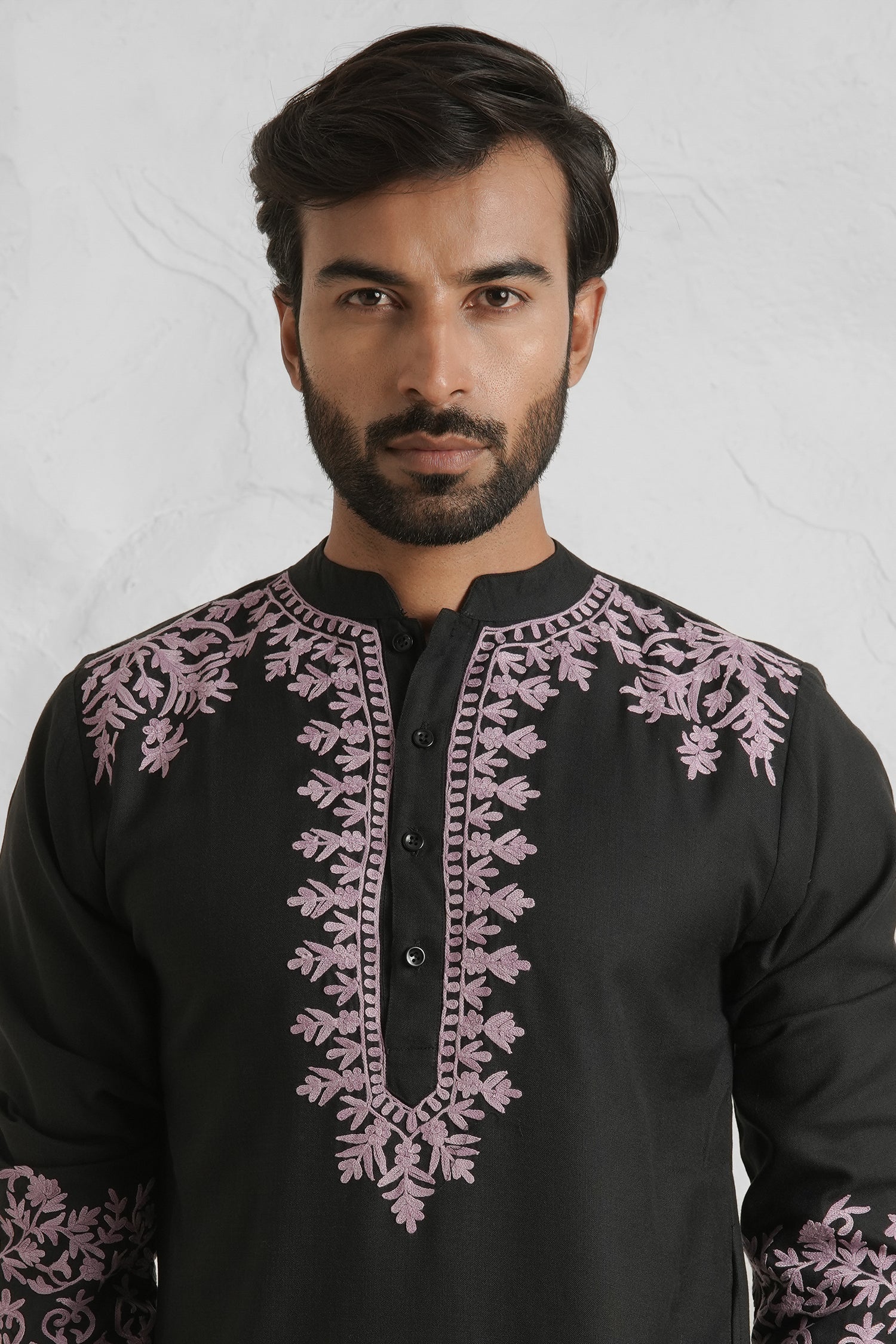 Cotton Aari Work Kurta for Men – Black with Mauve Embroidery