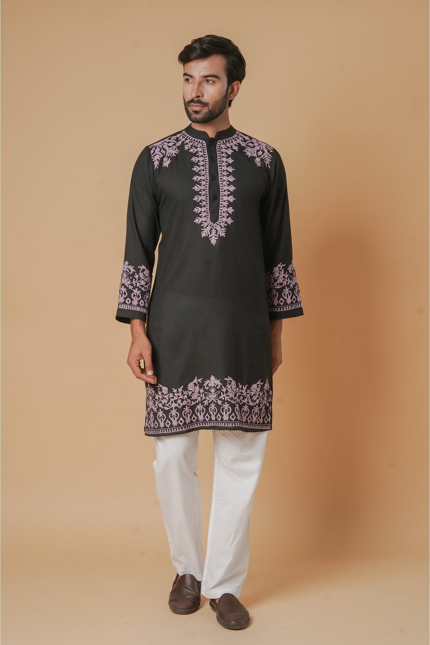 Cotton Aari Work Kurta for Men – Black with Mauve Embroidery