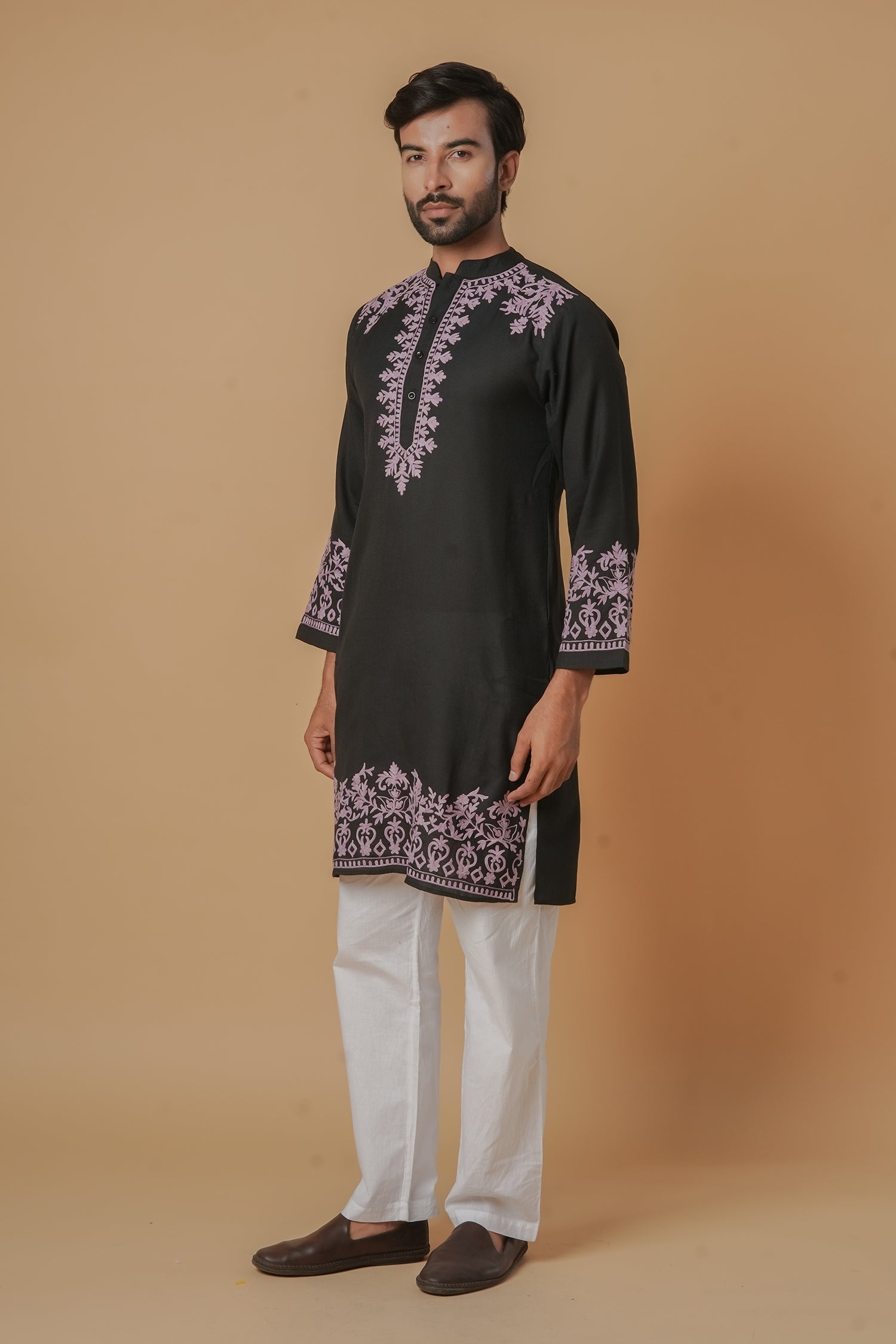 Cotton Aari Work Kurta for Men – Black with Mauve Embroidery