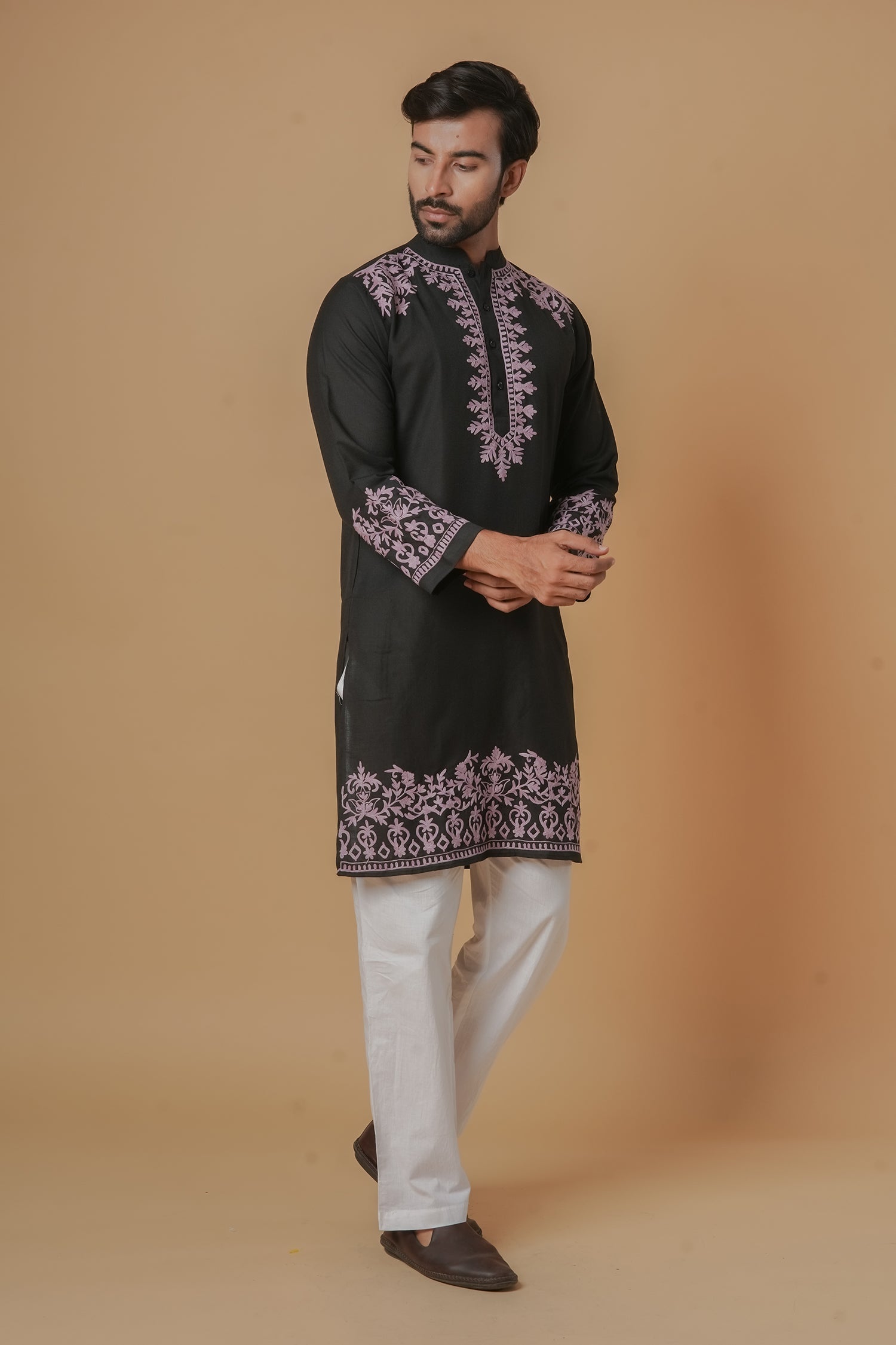 Cotton Aari Work Kurta for Men – Black with Mauve Embroidery