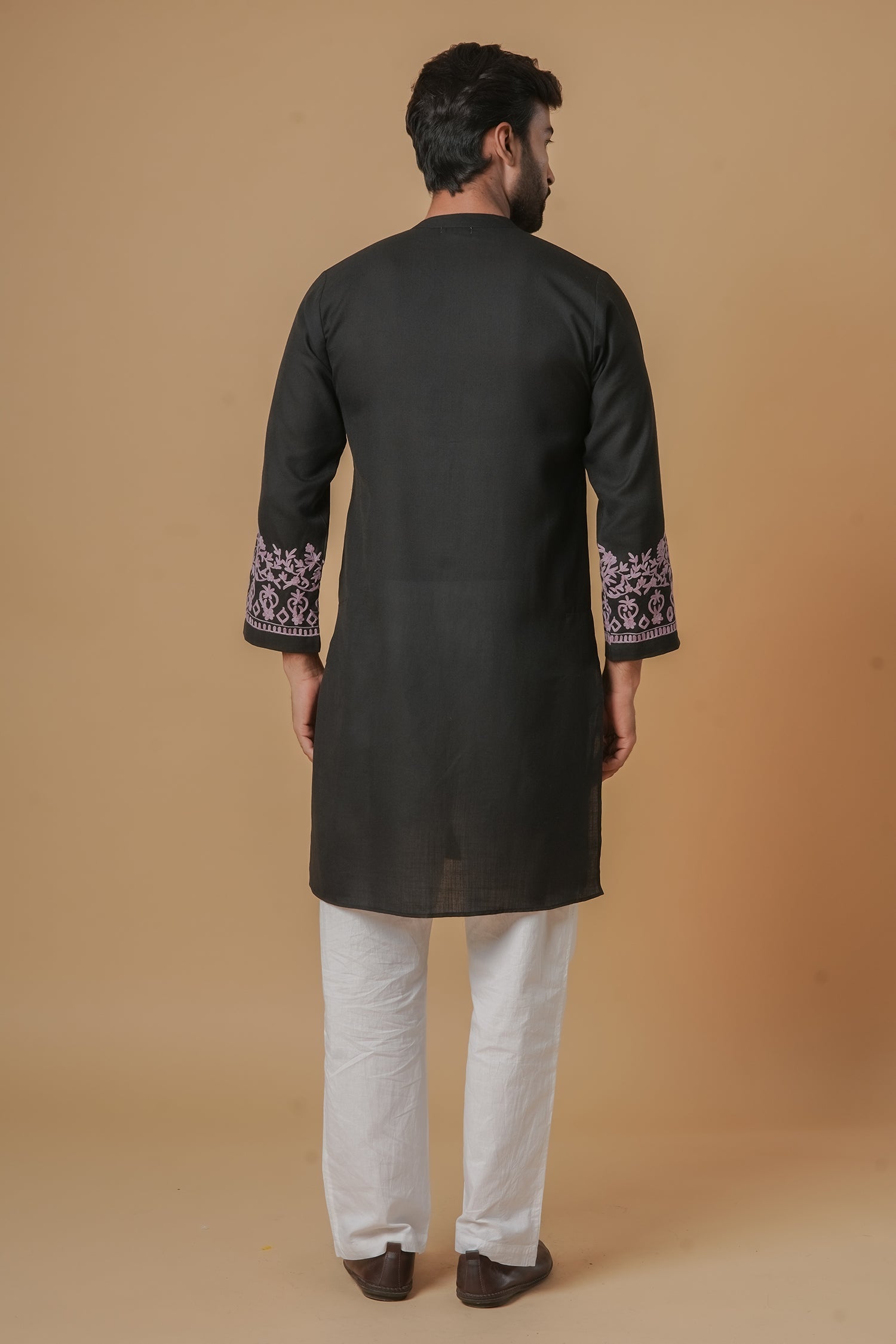 Cotton Aari Work Kurta for Men – Black with Mauve Embroidery