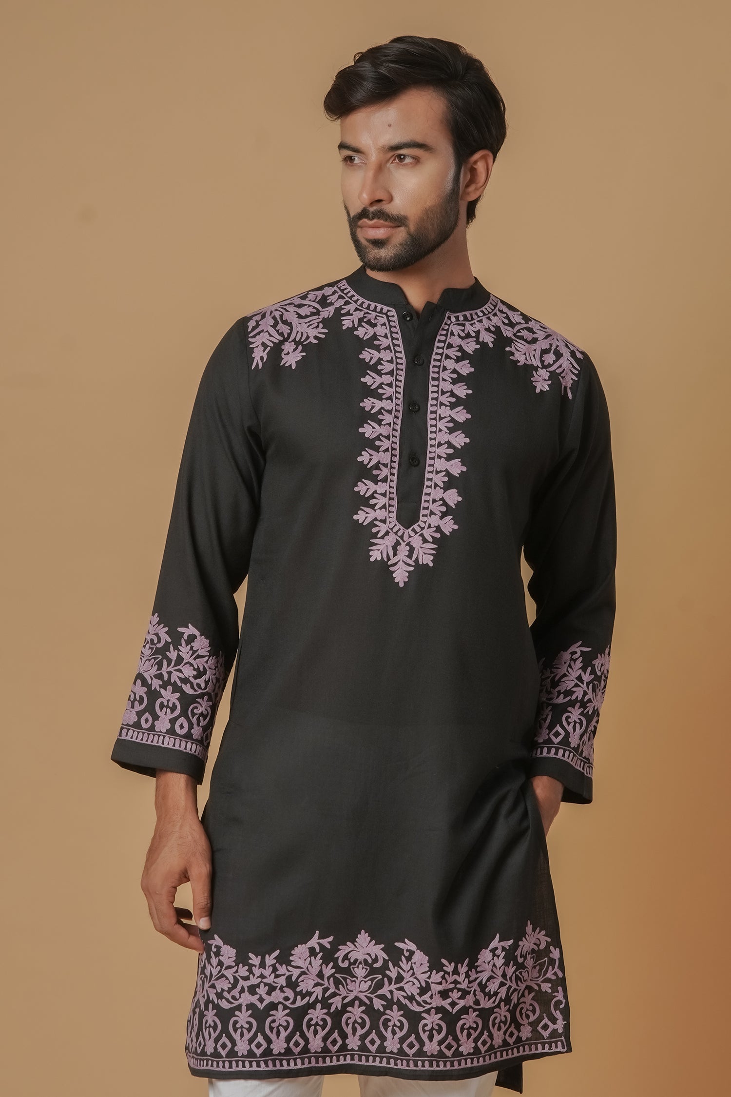 Cotton Aari Work Kurta for Men – Black with Mauve Embroidery