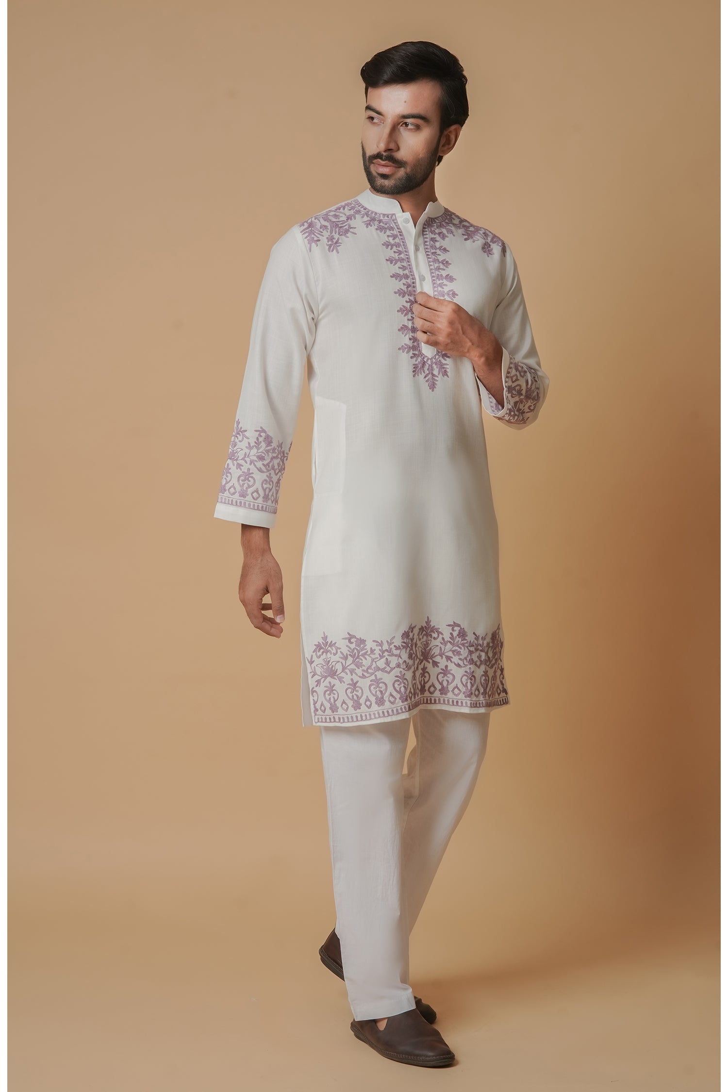 Cotton Aari Work Kurta for Men – White with Mauve Embroidery