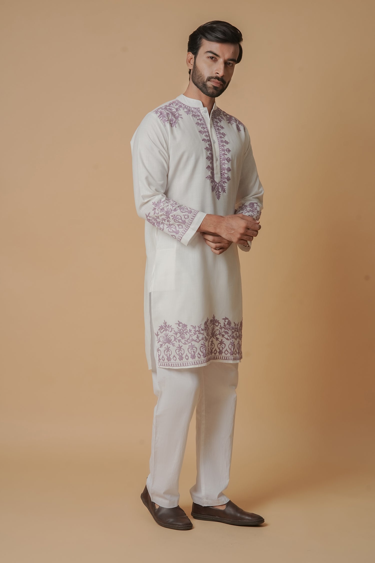 Cotton Aari Work Kurta for Men – White with Mauve Embroidery