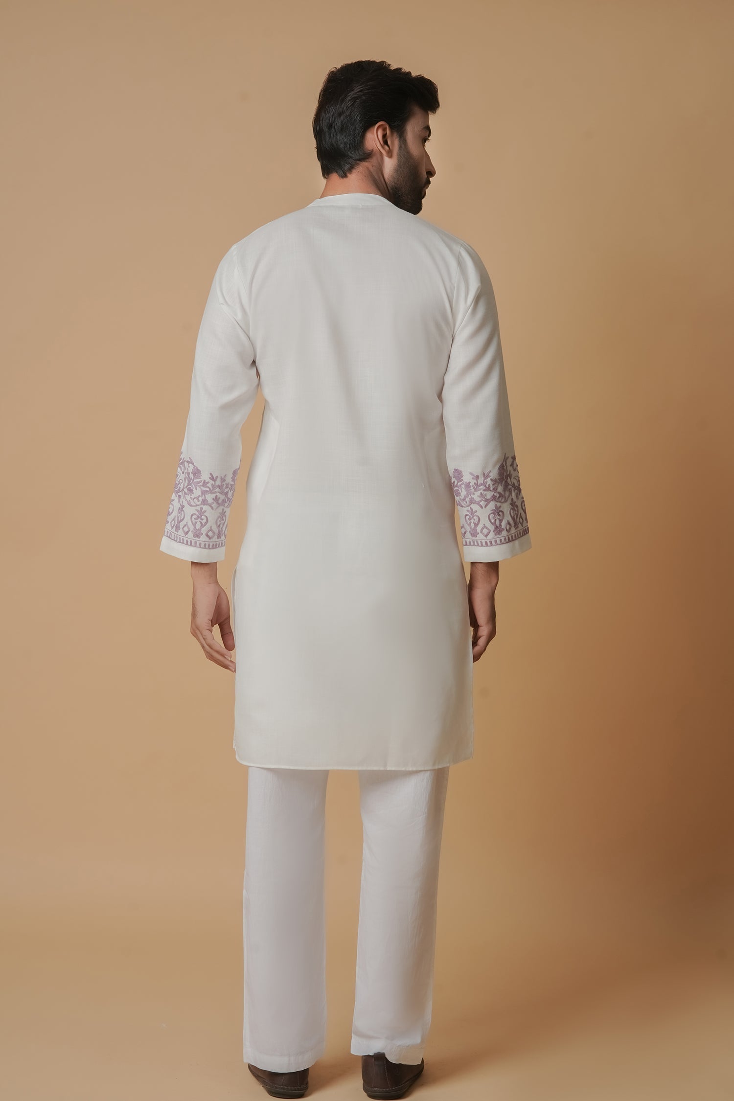 Cotton Aari Work Kurta for Men – White with Mauve Embroidery