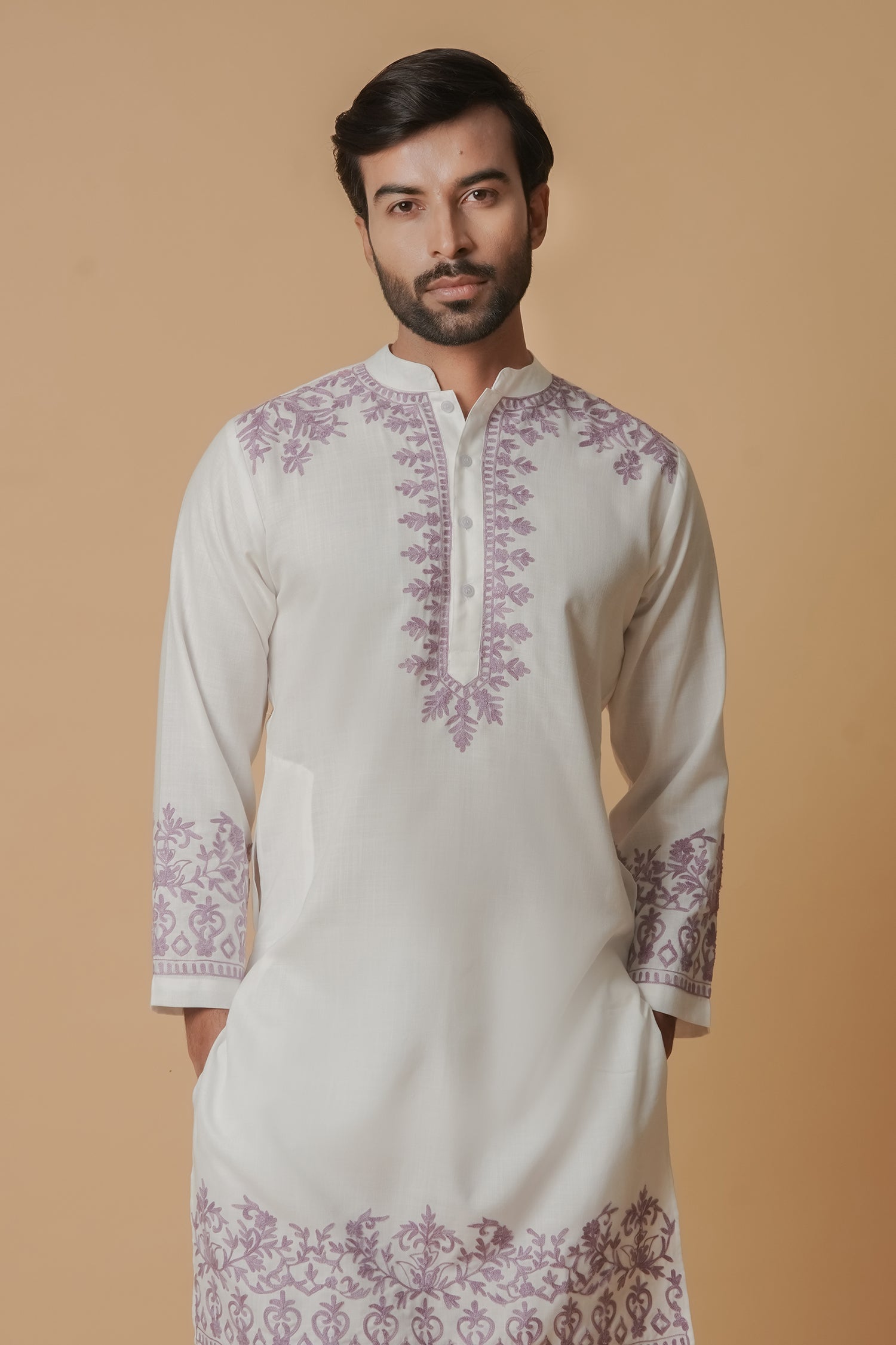 Cotton Aari Work Kurta for Men – White with Mauve Embroidery