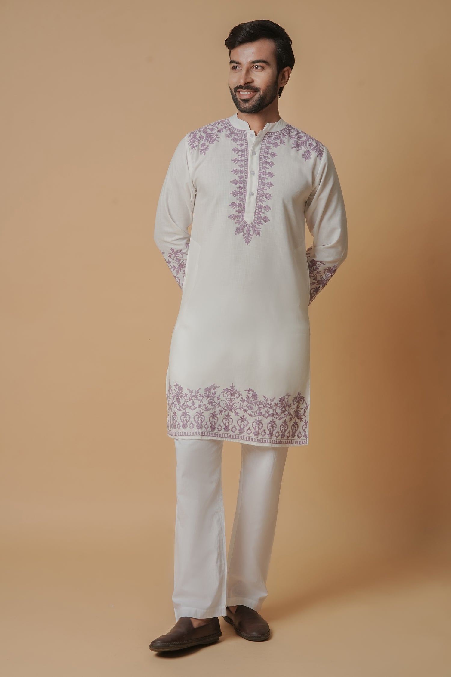 Cotton Aari Work Kurta for Men – White with Mauve Embroidery