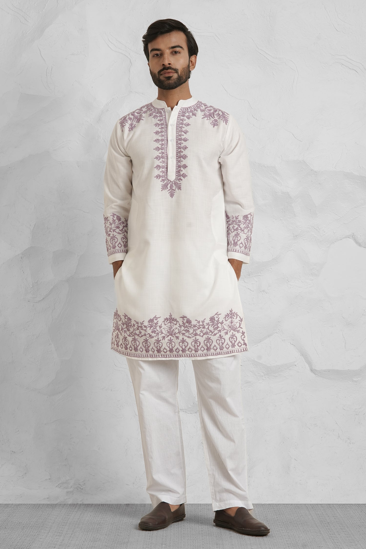 Cotton Aari Work Kurta for Men – White with Mauve Embroidery