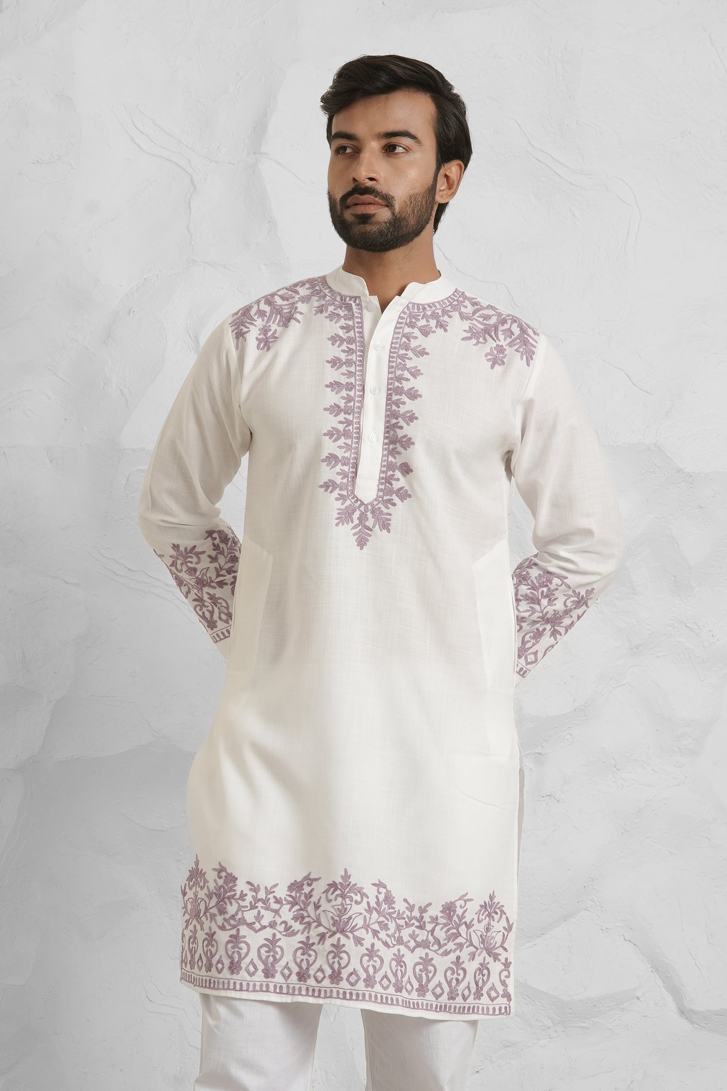 Cotton Aari Work Kurta for Men – White with Mauve Embroidery