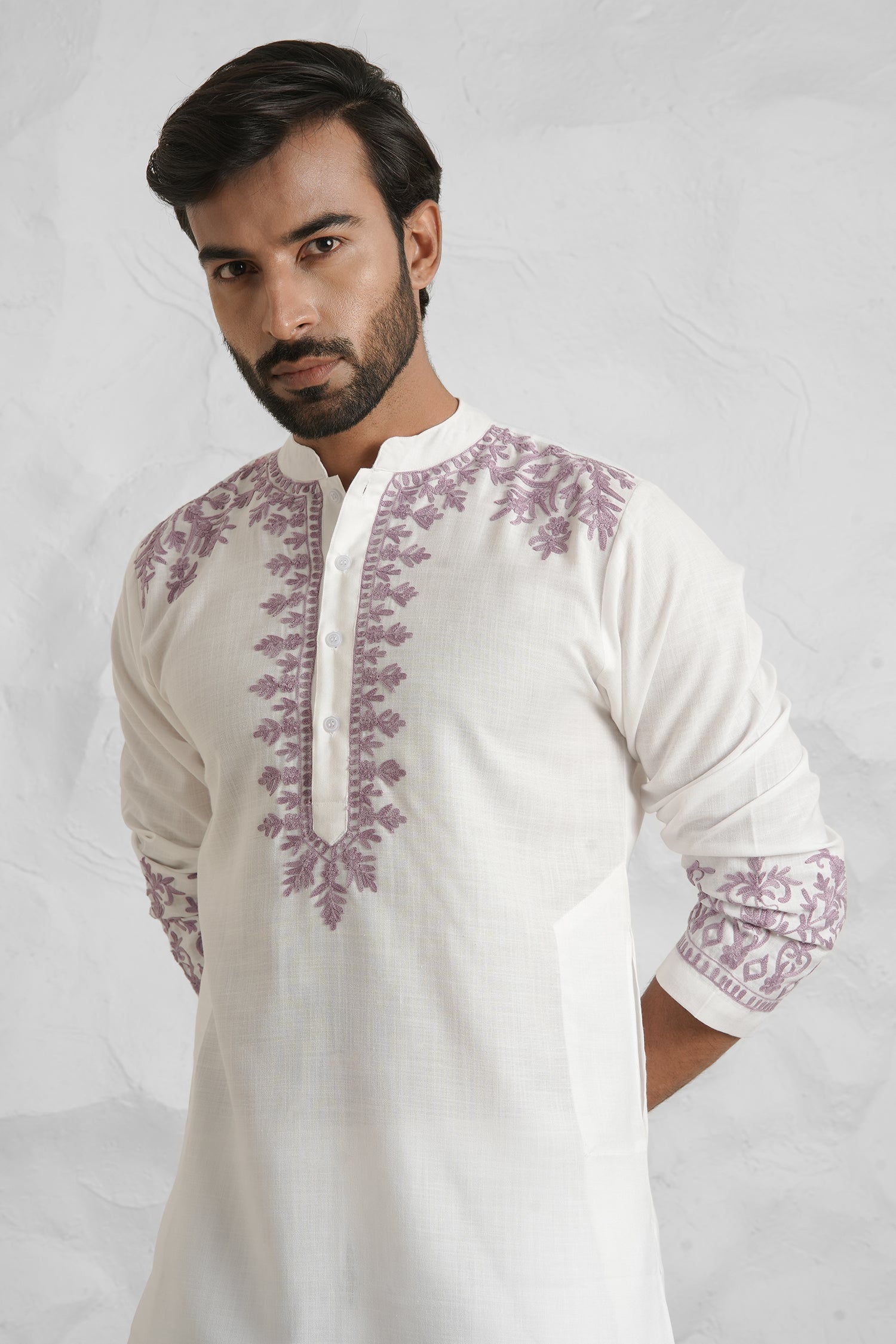 Cotton Aari Work Kurta for Men – White with Mauve Embroidery