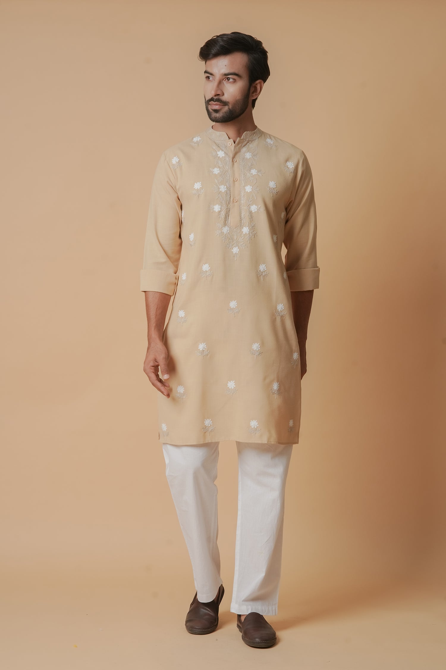 Cotton Aari Work Kurta for Men – Beige with White Embroidery