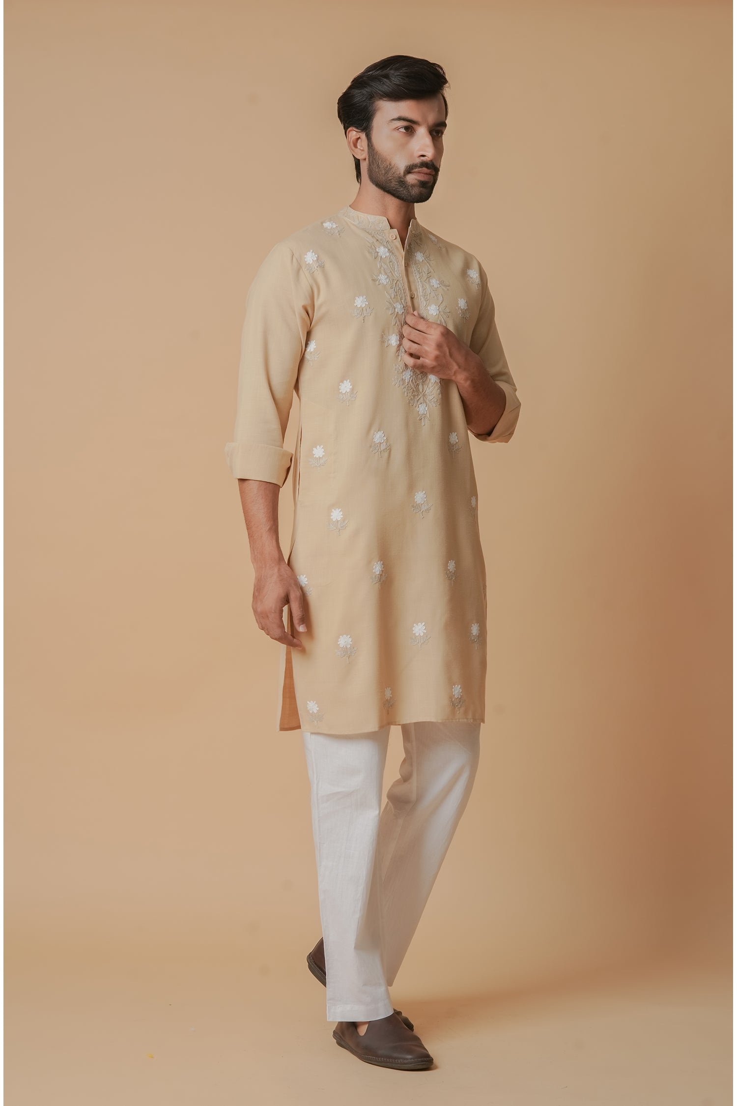 Cotton Aari Work Kurta for Men – Beige with White Embroidery