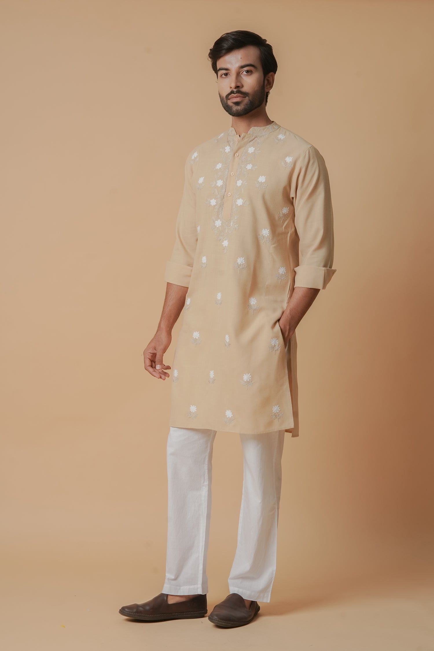 Cotton Aari Work Kurta for Men – Beige with White Embroidery