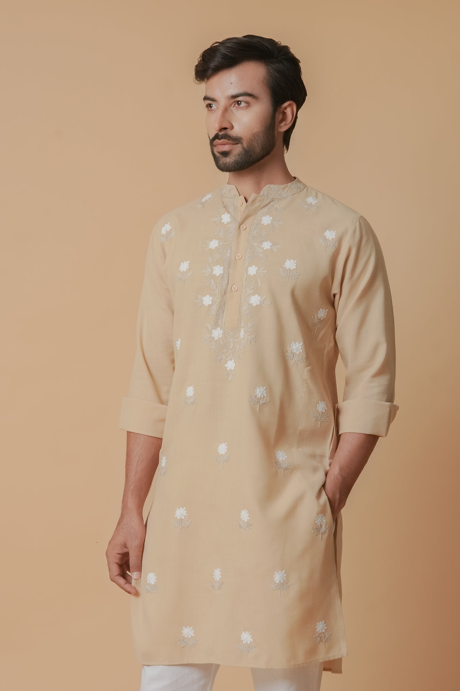 Cotton Aari Work Kurta for Men – Beige with White Embroidery