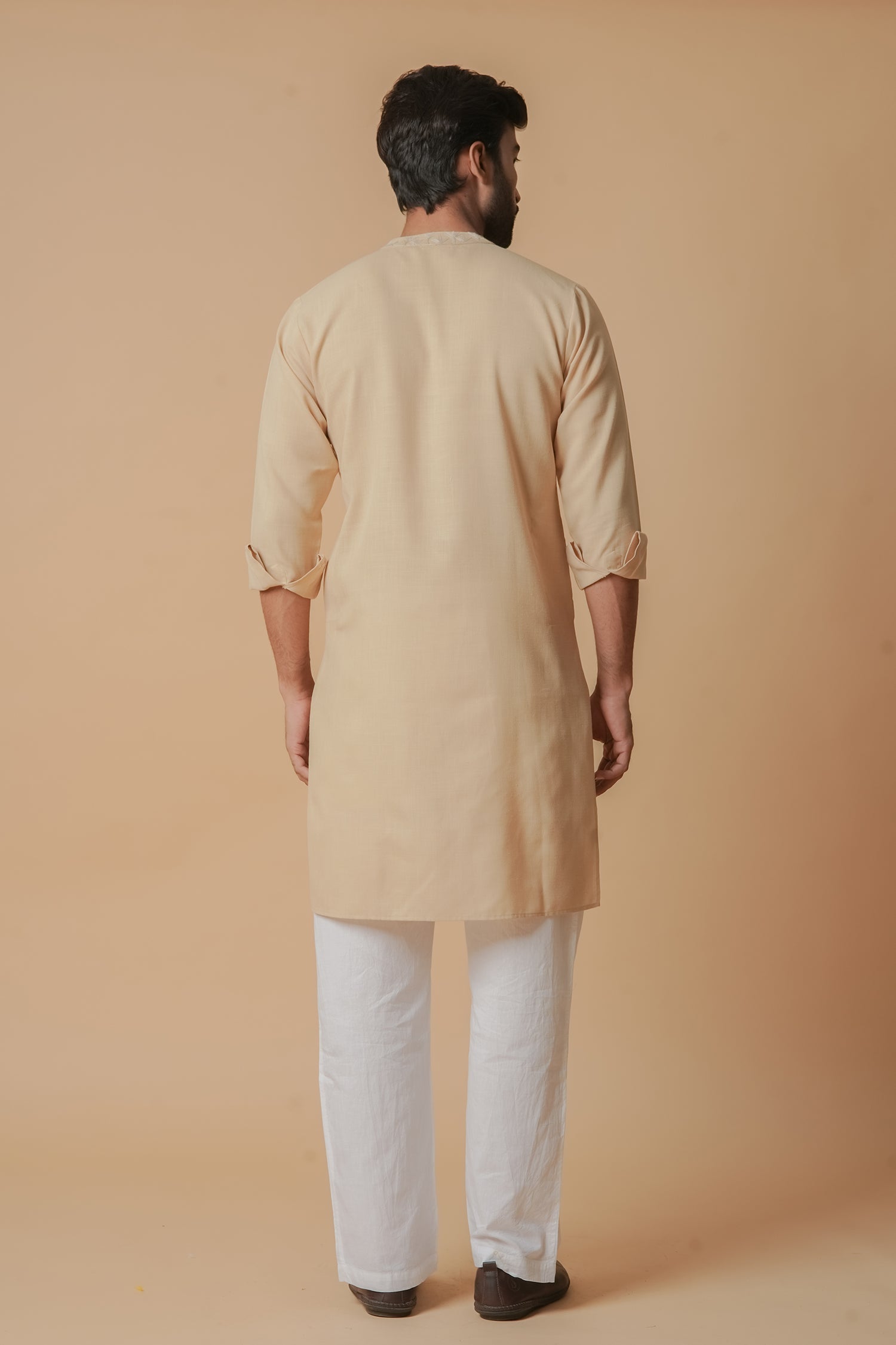 Cotton Aari Work Kurta for Men – Beige with White Embroidery