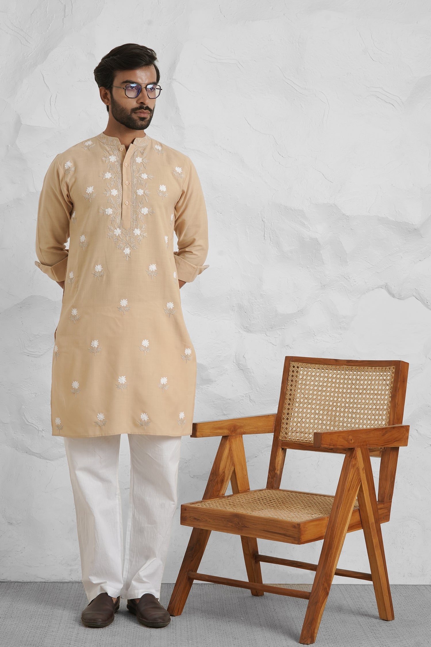 Cotton Aari Work Kurta for Men – Beige with White Embroidery