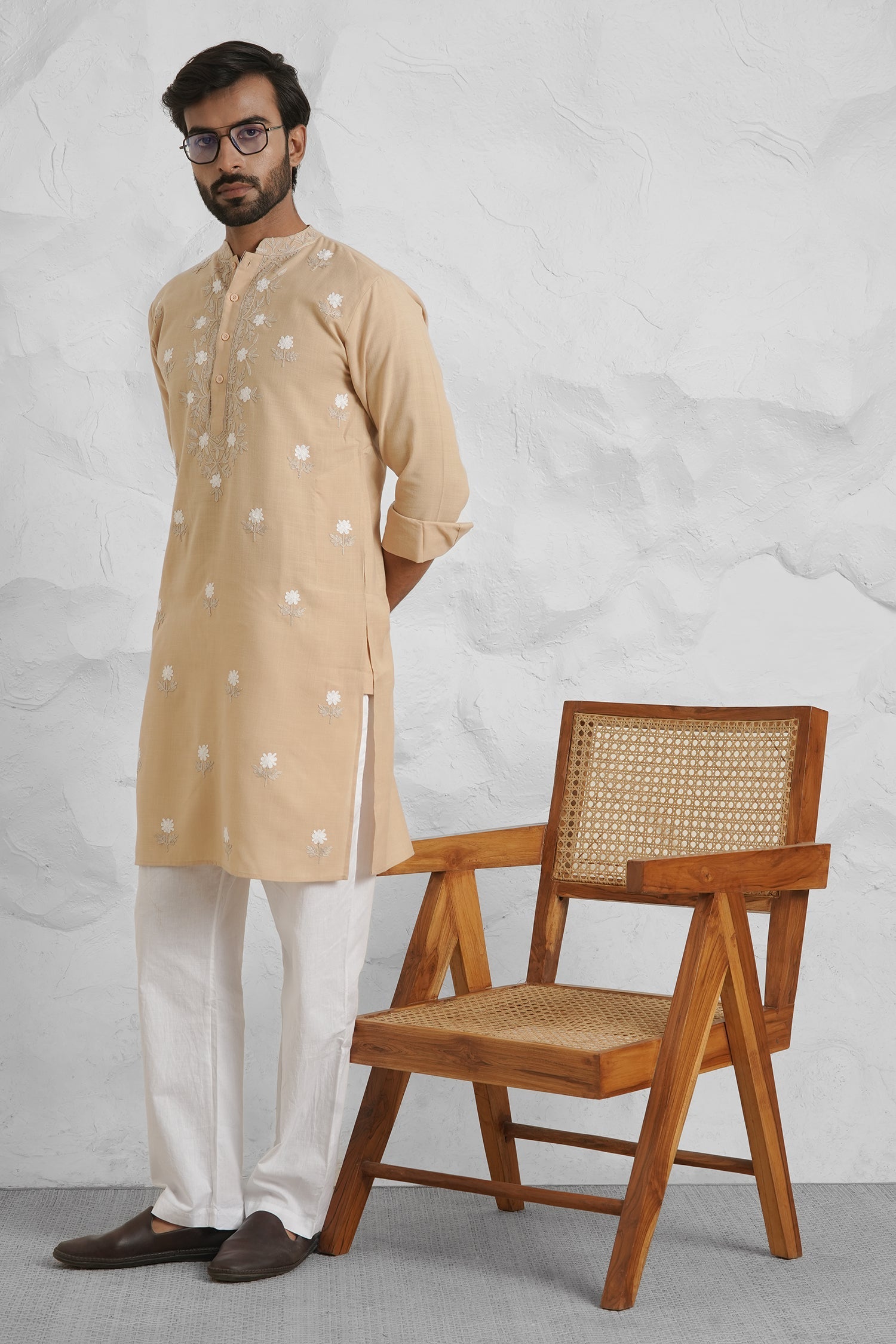 Cotton Aari Work Kurta for Men – Beige with White Embroidery