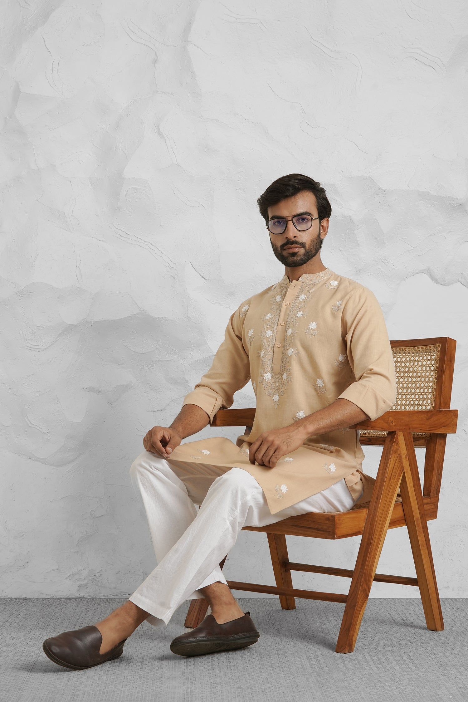 Cotton Aari Work Kurta for Men – Beige with White Embroidery