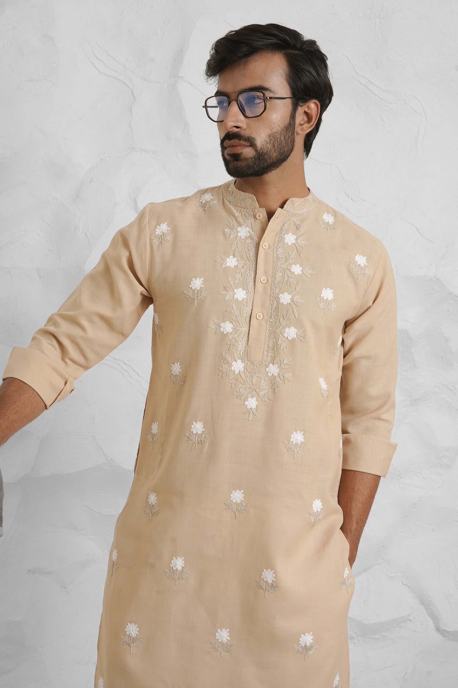 Cotton Aari Work Kurta for Men – Beige with White Embroidery