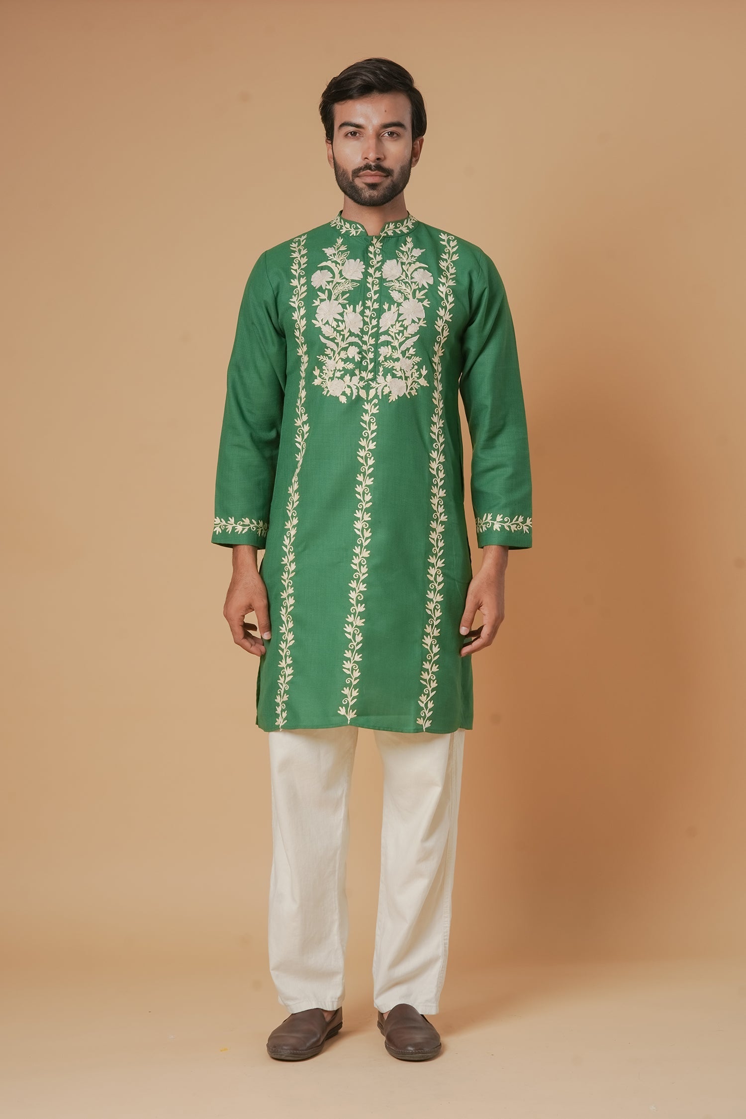 Cotton Aari Work Kurta for Men – Bottle Green with Shaded Beige Embroidery