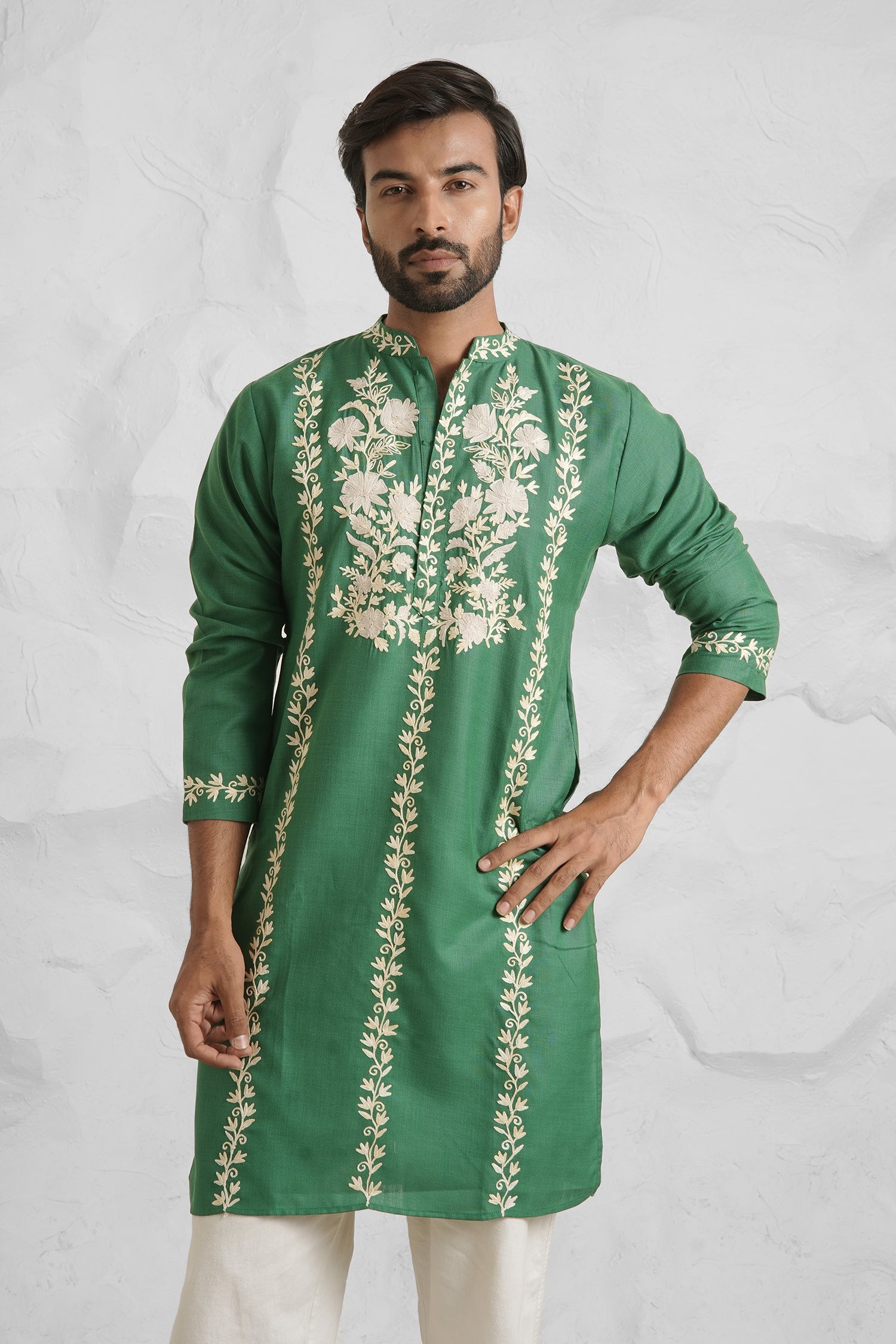 Cotton Aari Work Kurta for Men – Bottle Green with Shaded Beige Embroidery