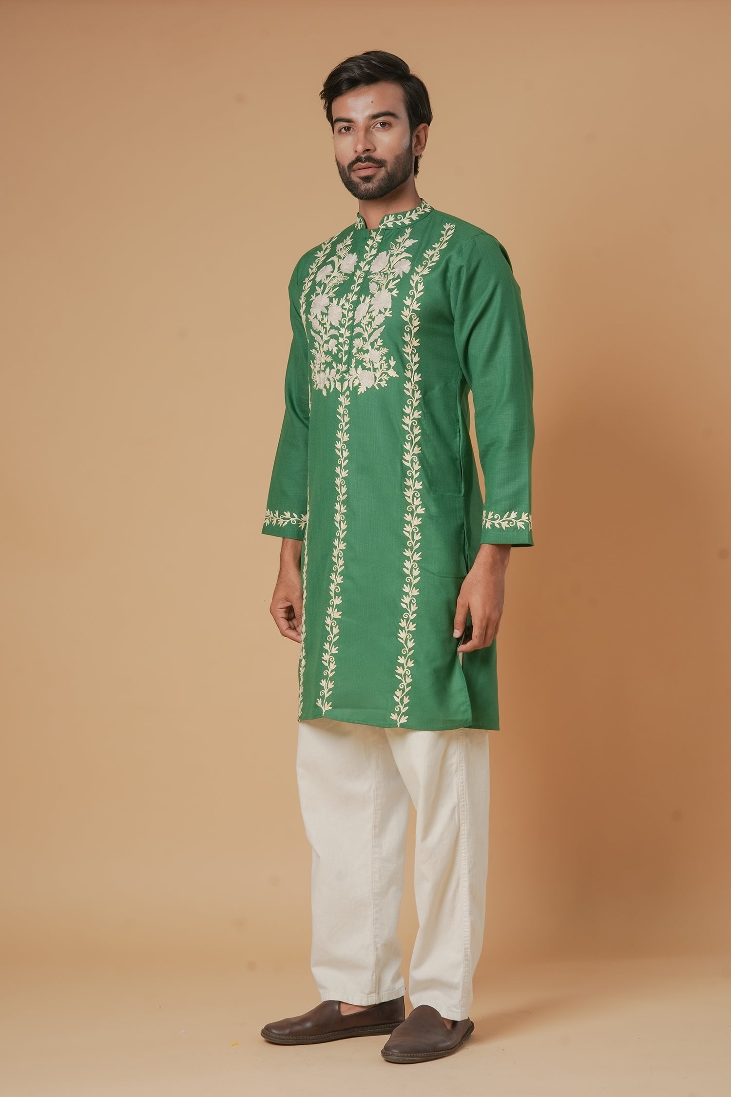 Cotton Aari Work Kurta for Men – Bottle Green with Shaded Beige Embroidery