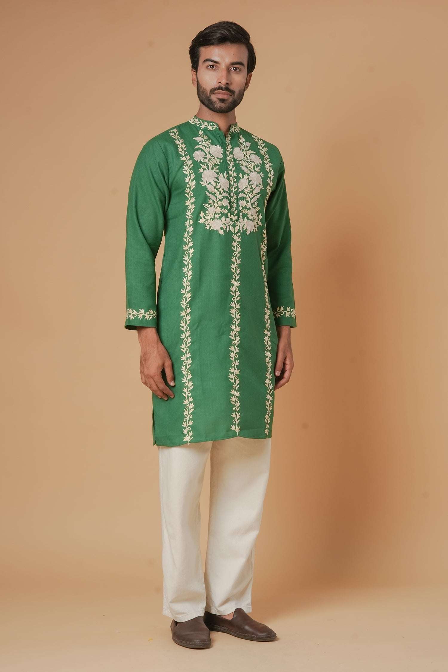 Cotton Aari Work Kurta for Men – Bottle Green with Shaded Beige Embroidery