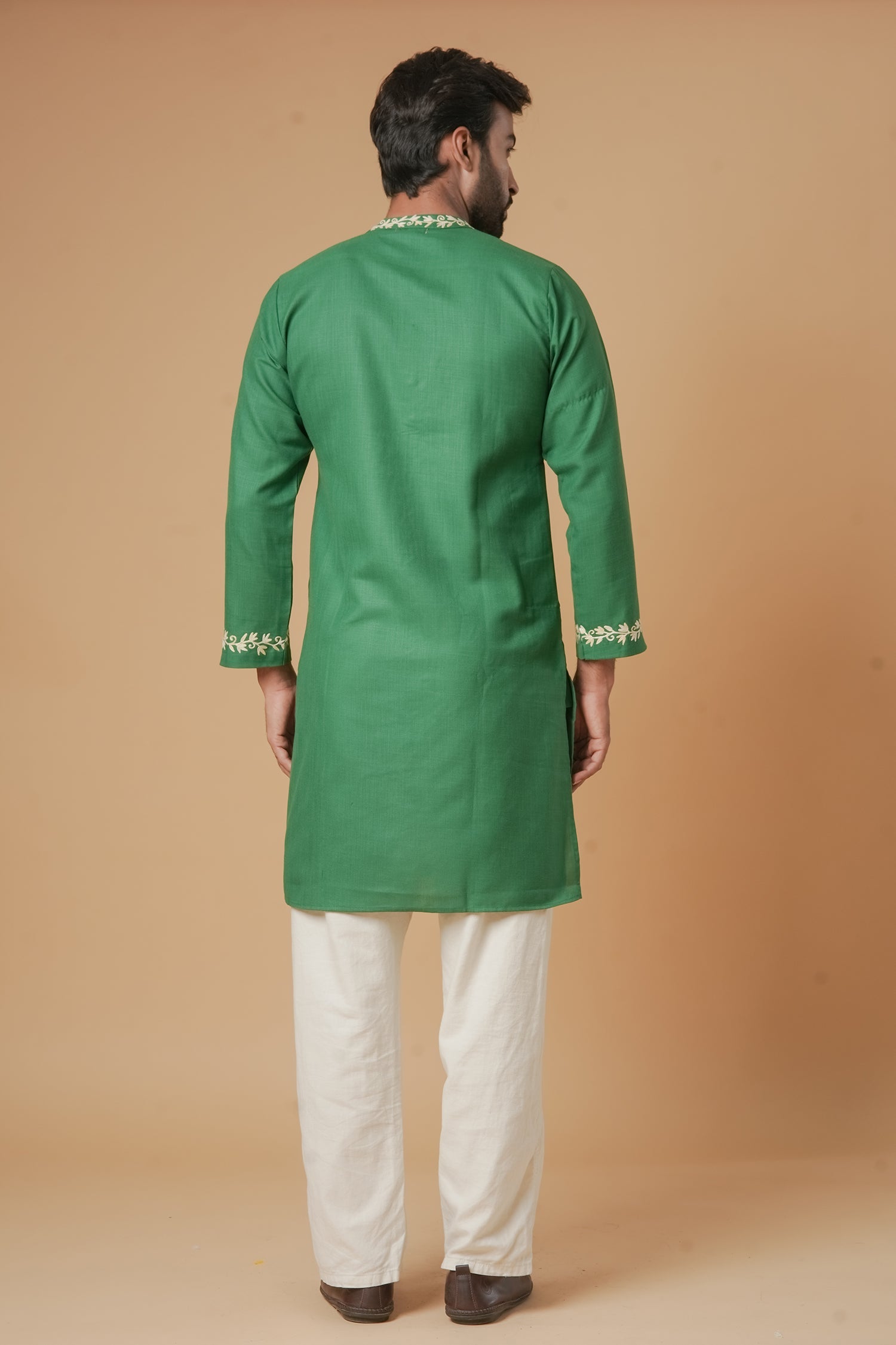 Cotton Aari Work Kurta for Men – Bottle Green with Shaded Beige Embroidery