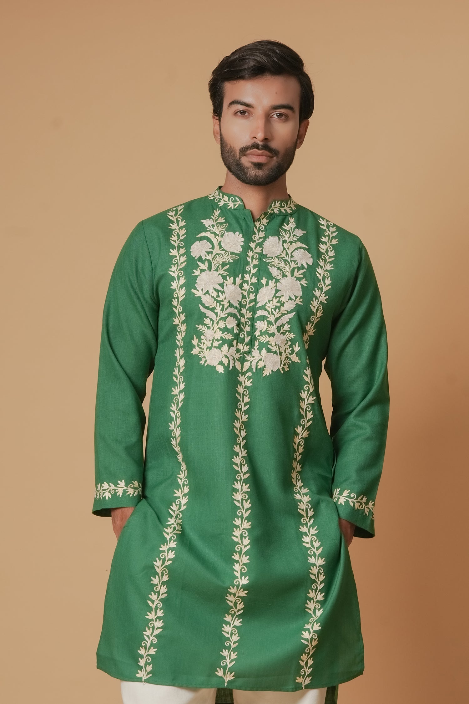 Cotton Aari Work Kurta for Men – Bottle Green with Shaded Beige Embroidery