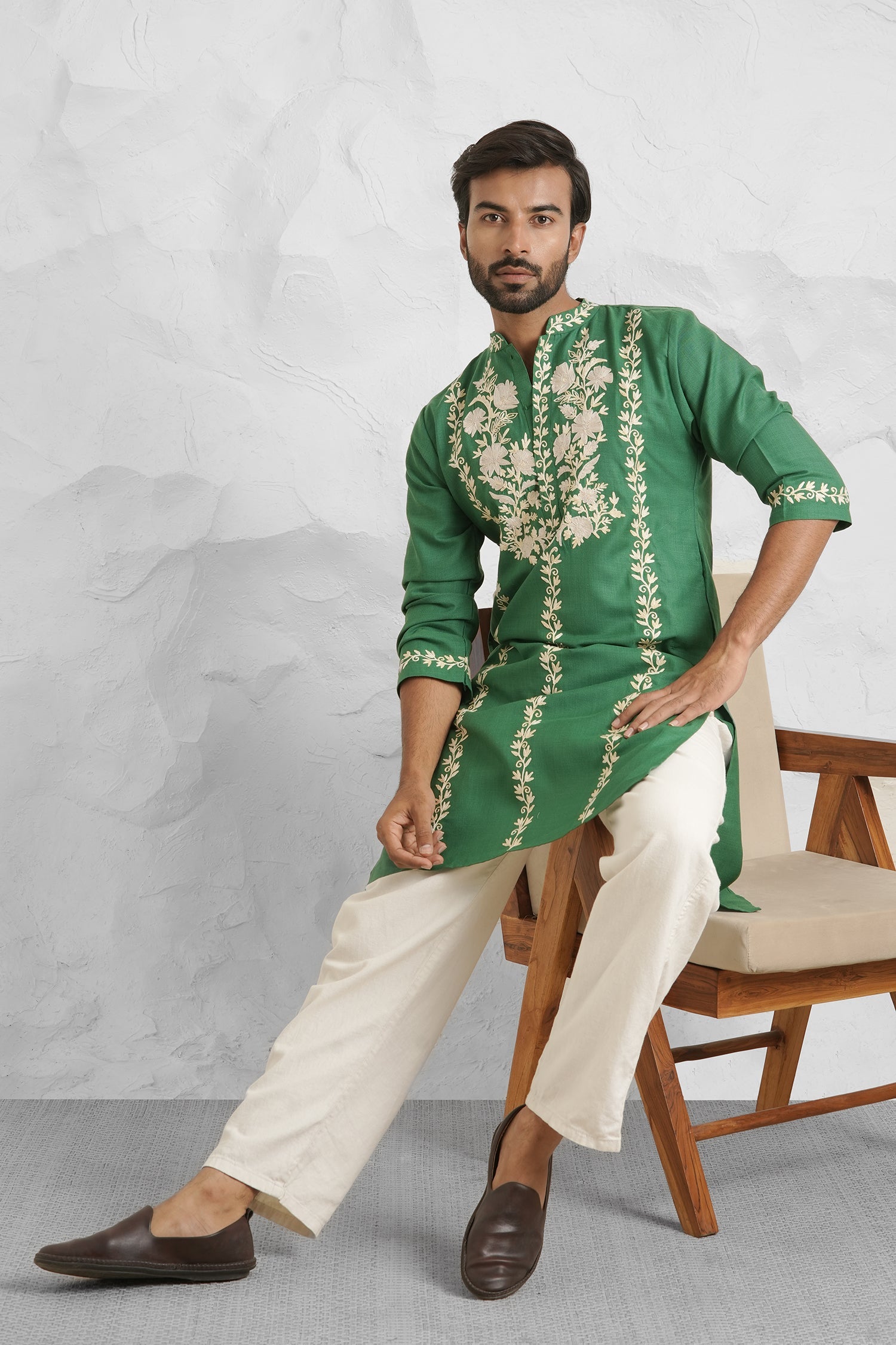 Cotton Aari Work Kurta for Men – Bottle Green with Shaded Beige Embroidery