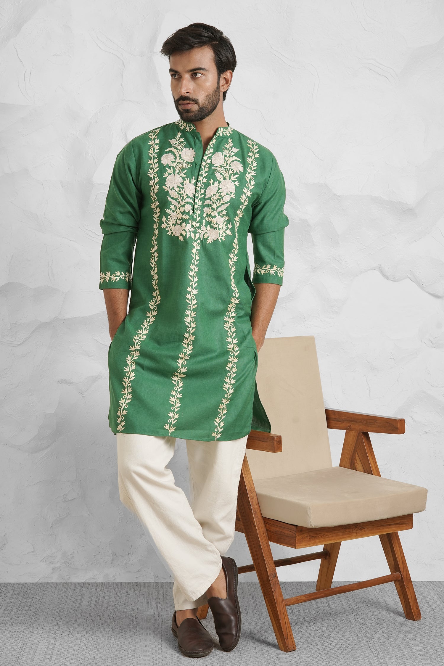 Cotton Aari Work Kurta for Men – Bottle Green with Shaded Beige Embroidery