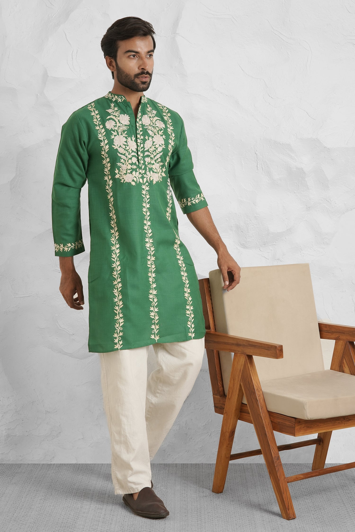 Cotton Aari Work Kurta for Men – Bottle Green with Shaded Beige Embroidery