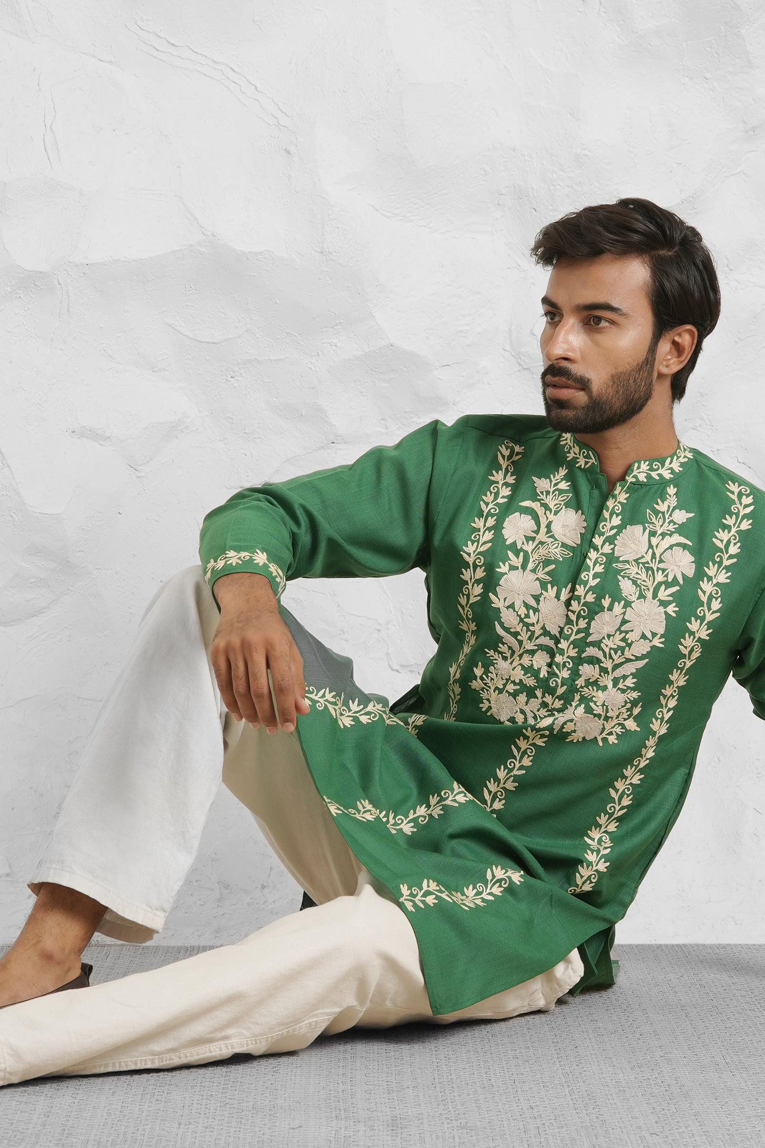 Cotton Aari Work Kurta for Men – Bottle Green with Shaded Beige Embroidery