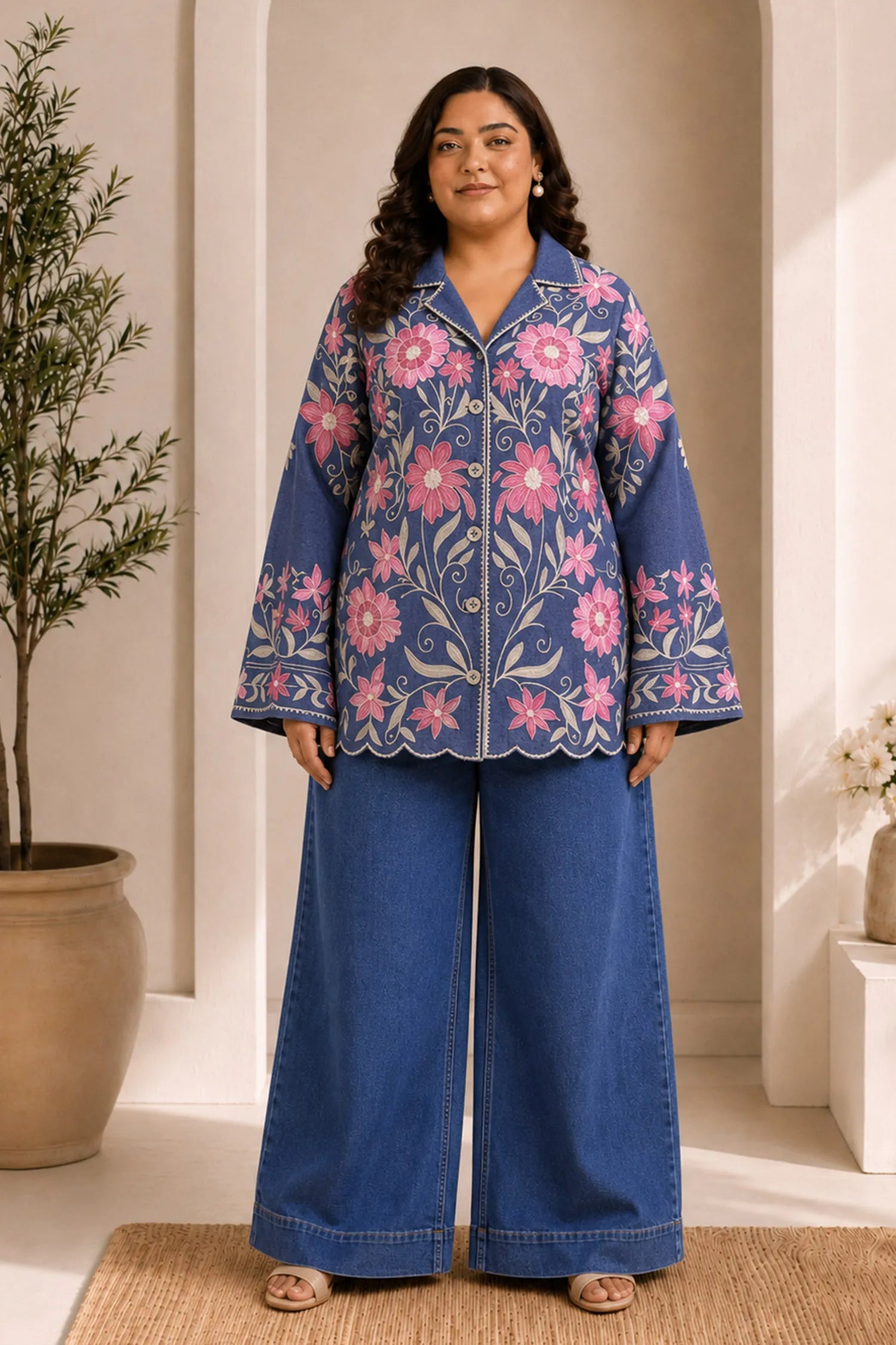 Plus Size - Denim Cotton Kashmiri Aari Short Jacket