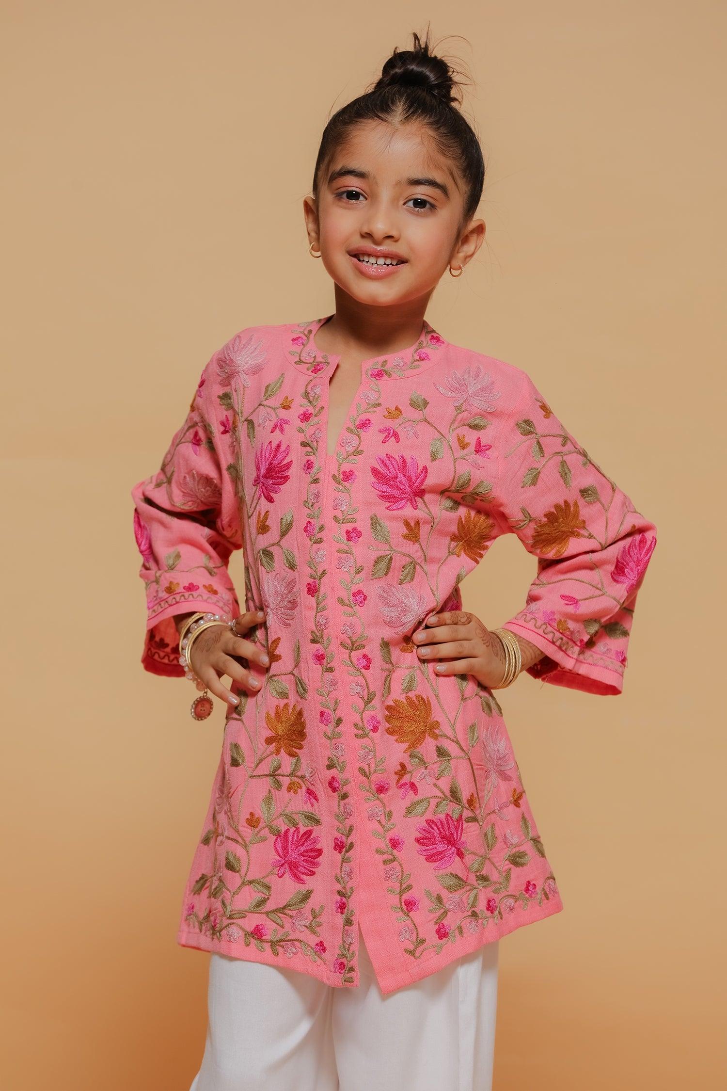 Kids Pink Cotton Jacket with Kashmiri Aari Work