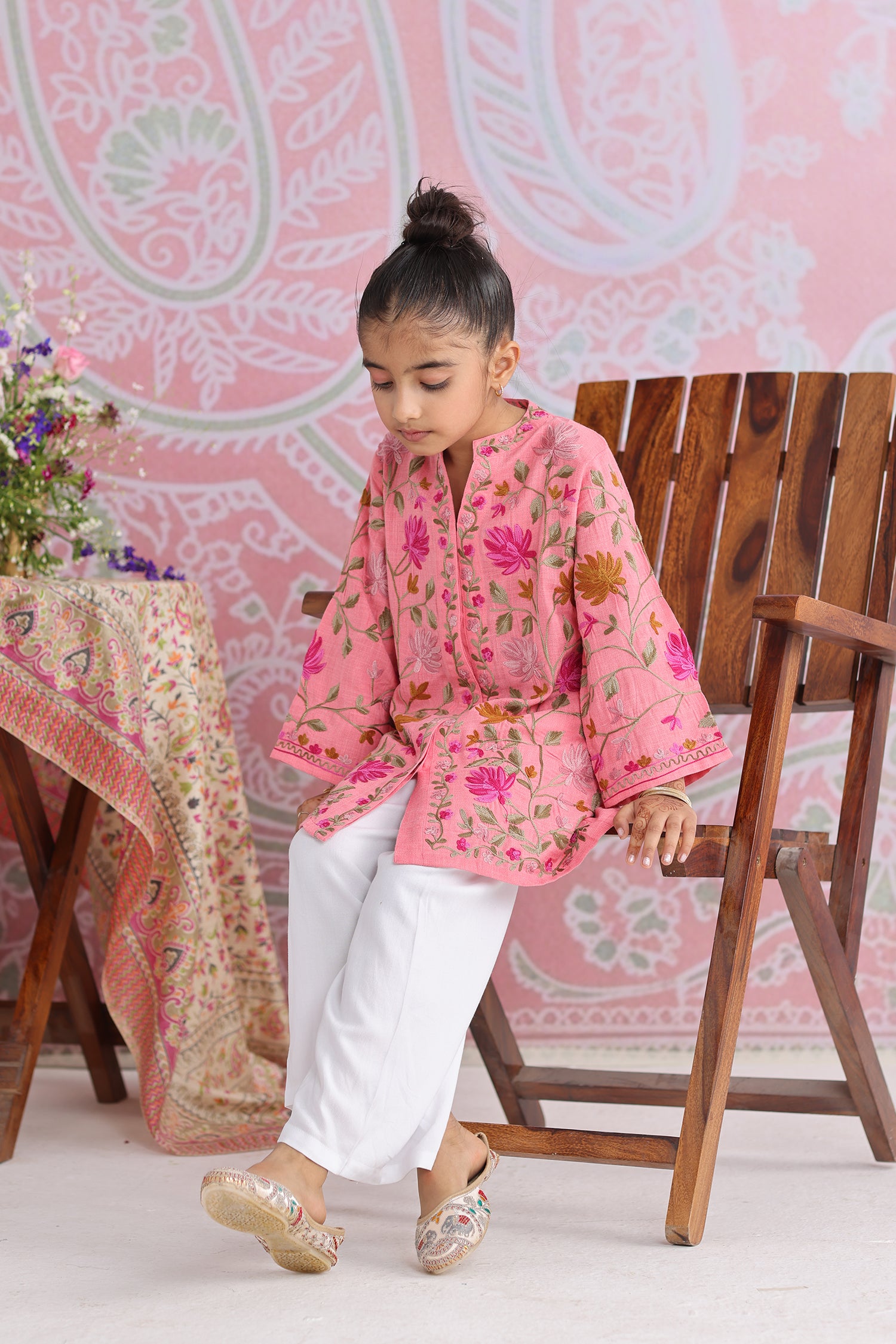 Kids Pink Cotton Jacket with Kashmiri Aari Work