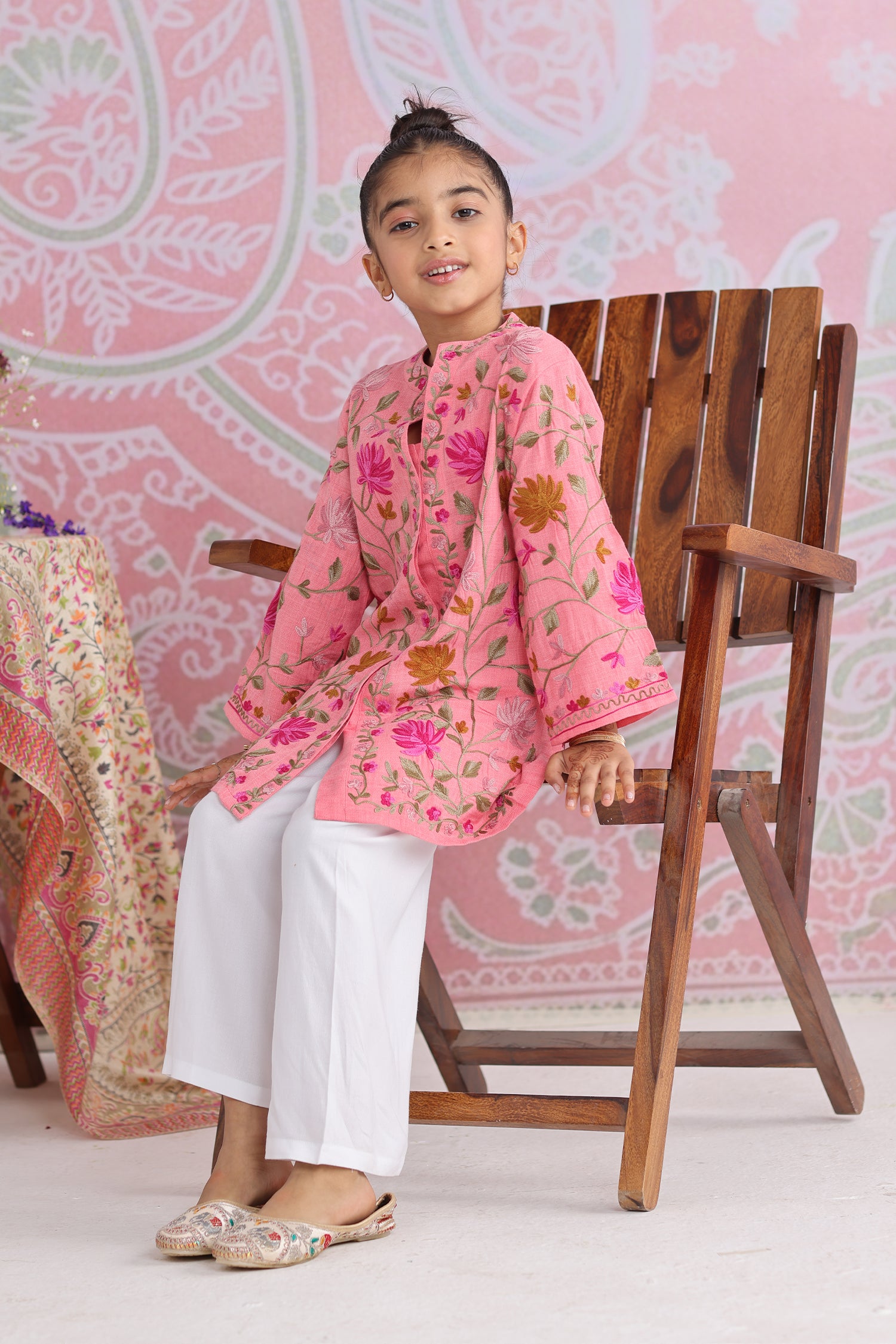 Kids Pink Cotton Jacket with Kashmiri Aari Work
