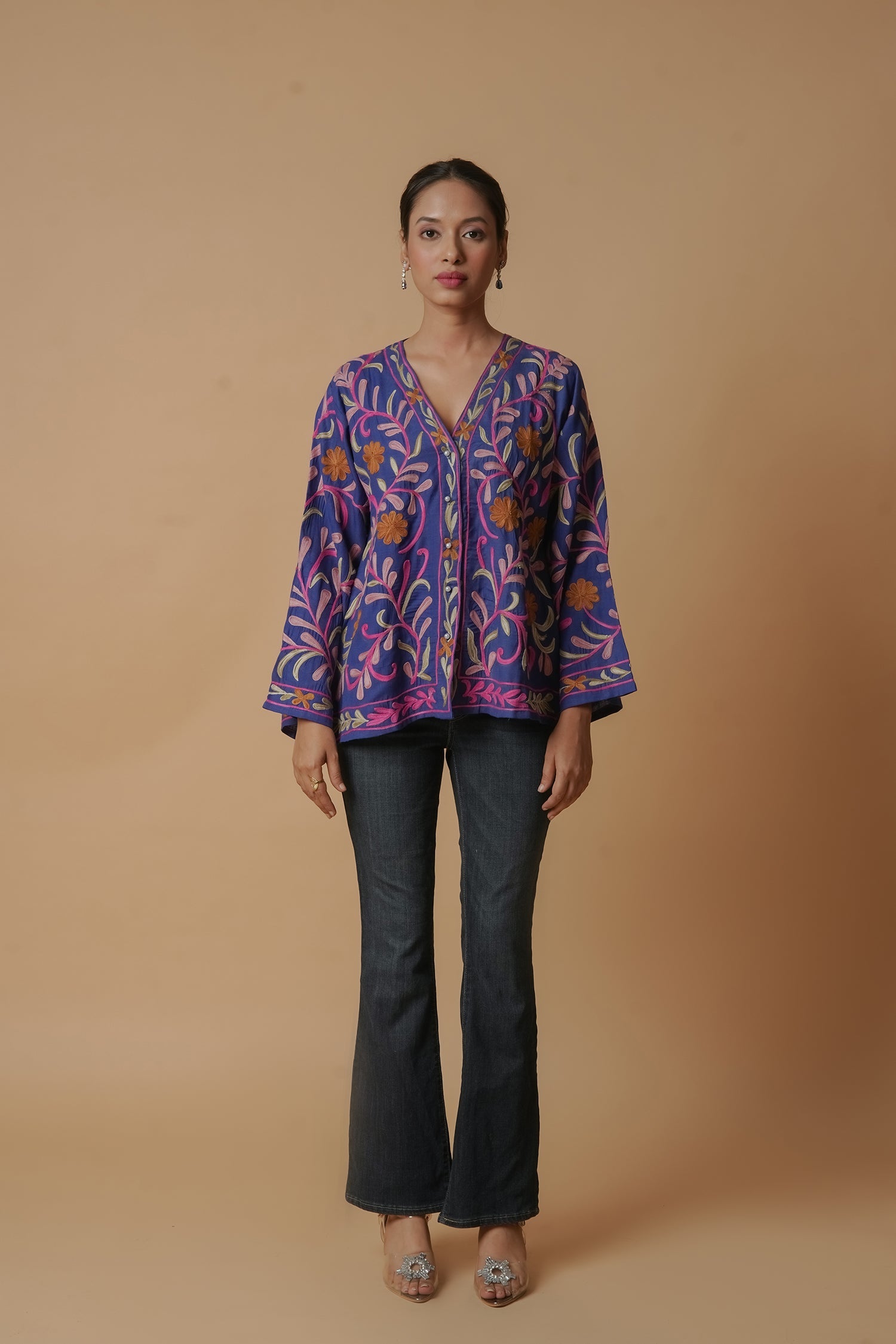 Kashmiri Jacket With Aari Work Cotton – Blue