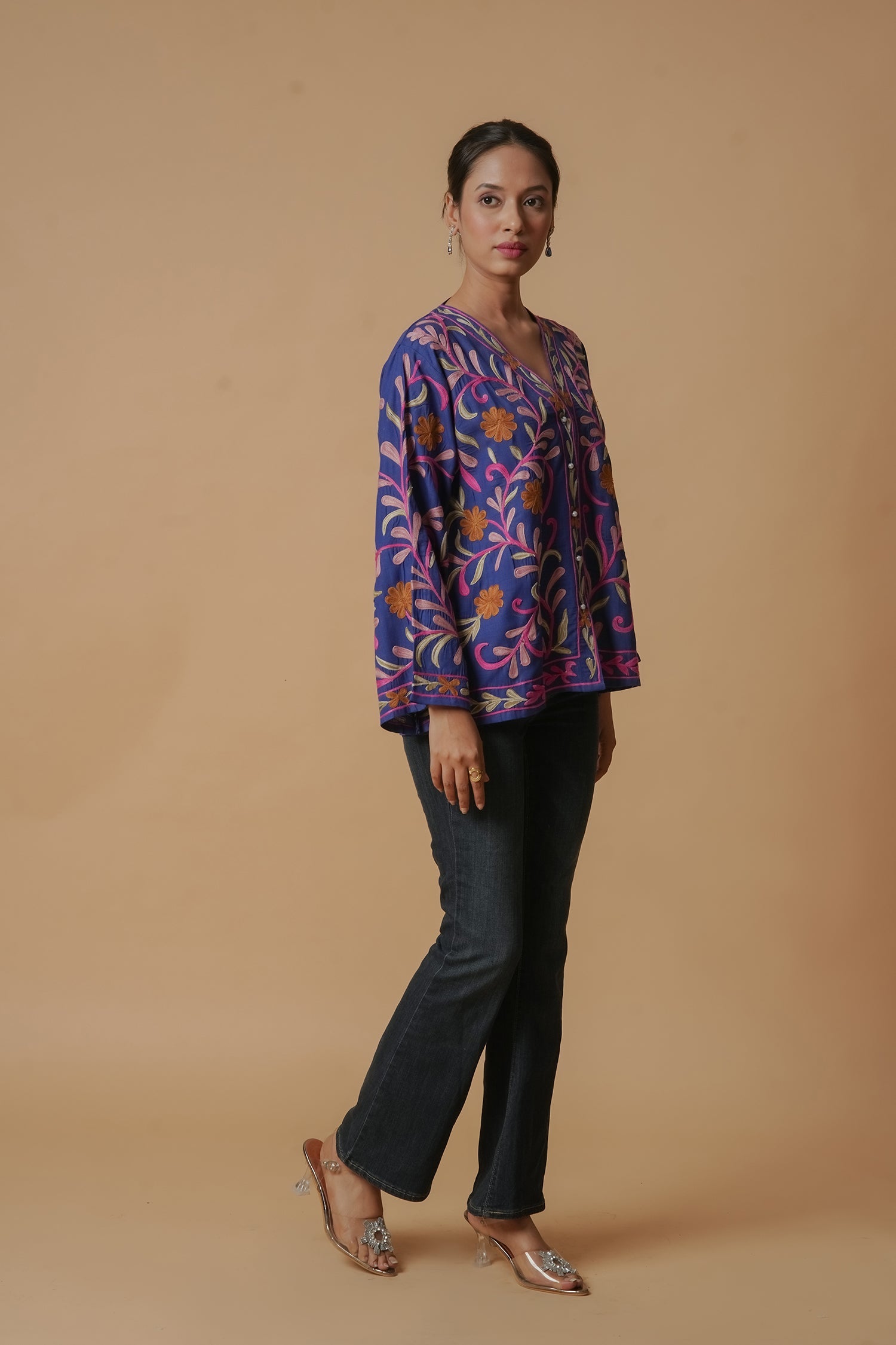 Kashmiri Jacket With Aari Work Cotton – Blue