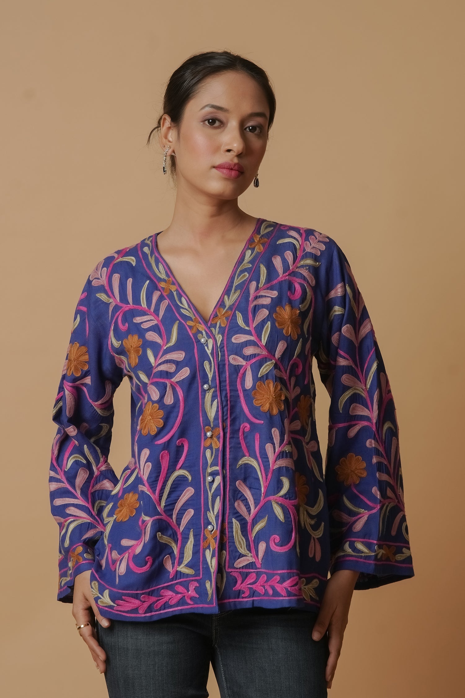 Kashmiri Jacket With Aari Work Cotton – Blue