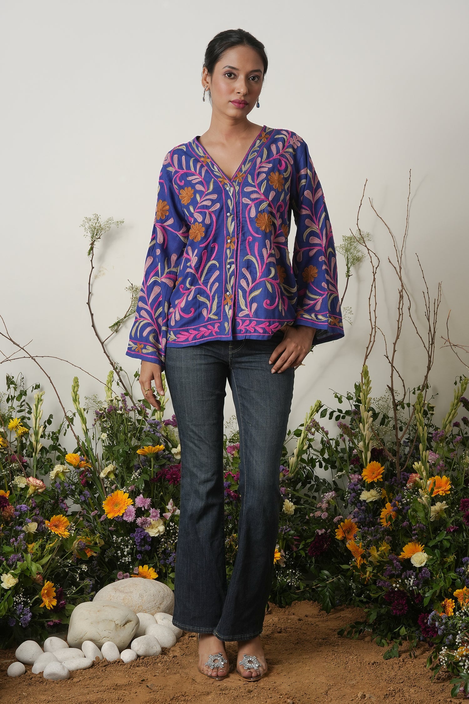 Kashmiri Jacket With Aari Work Cotton – Blue