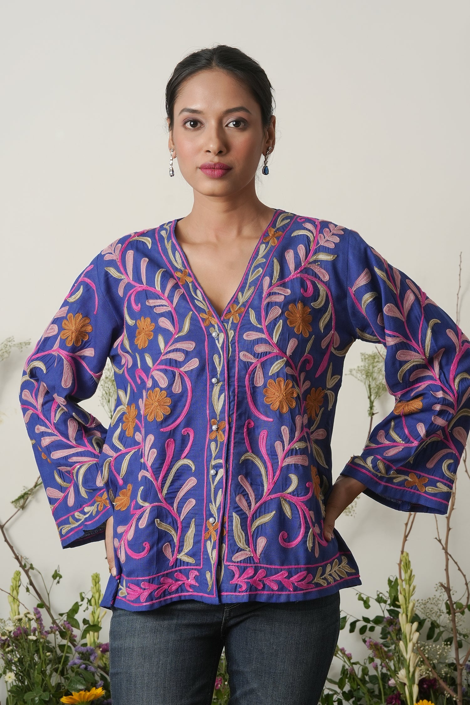 Kashmiri Jacket With Aari Work Cotton – Blue