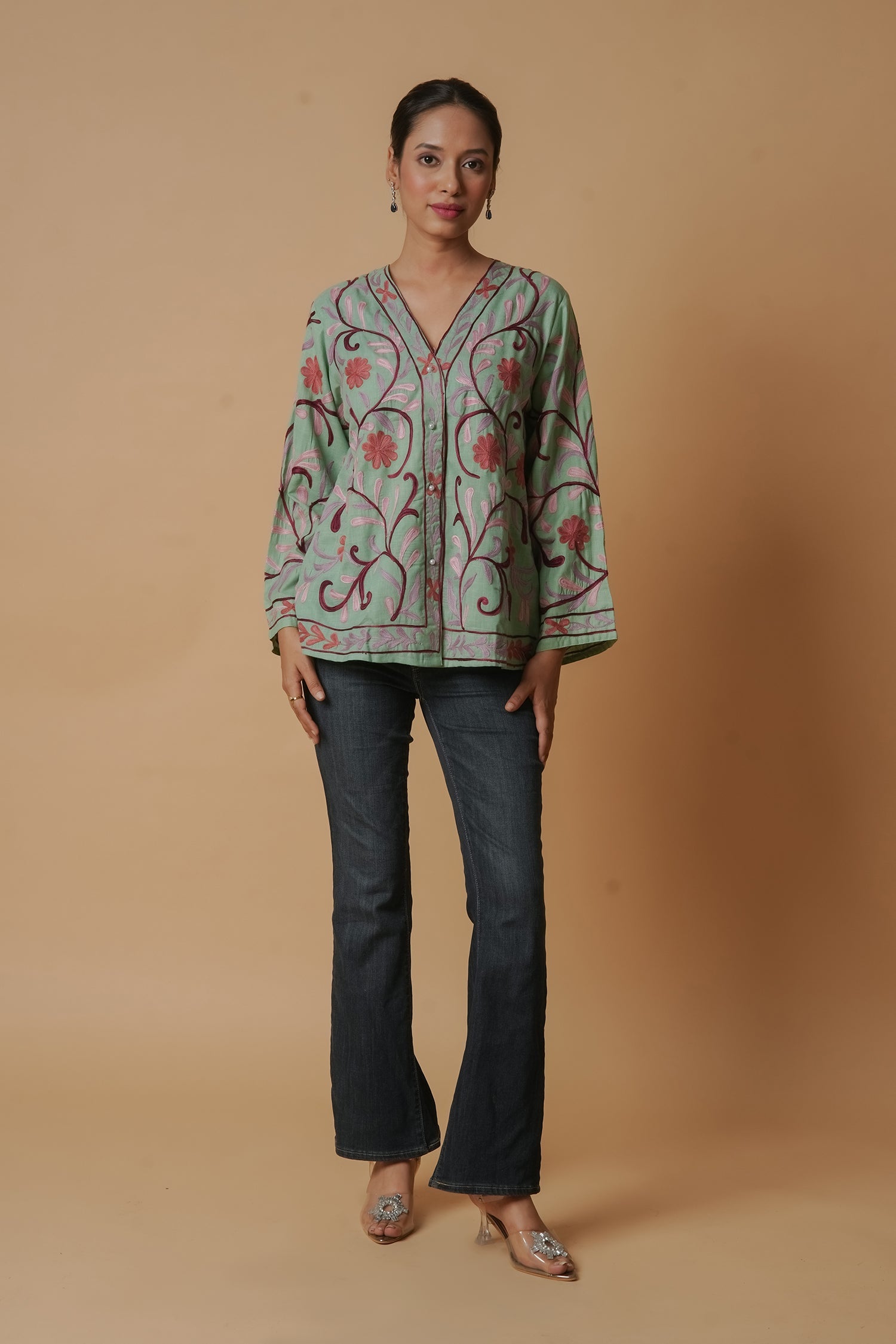 Kashmiri Jacket With Aari Work Cotton – Pista Green