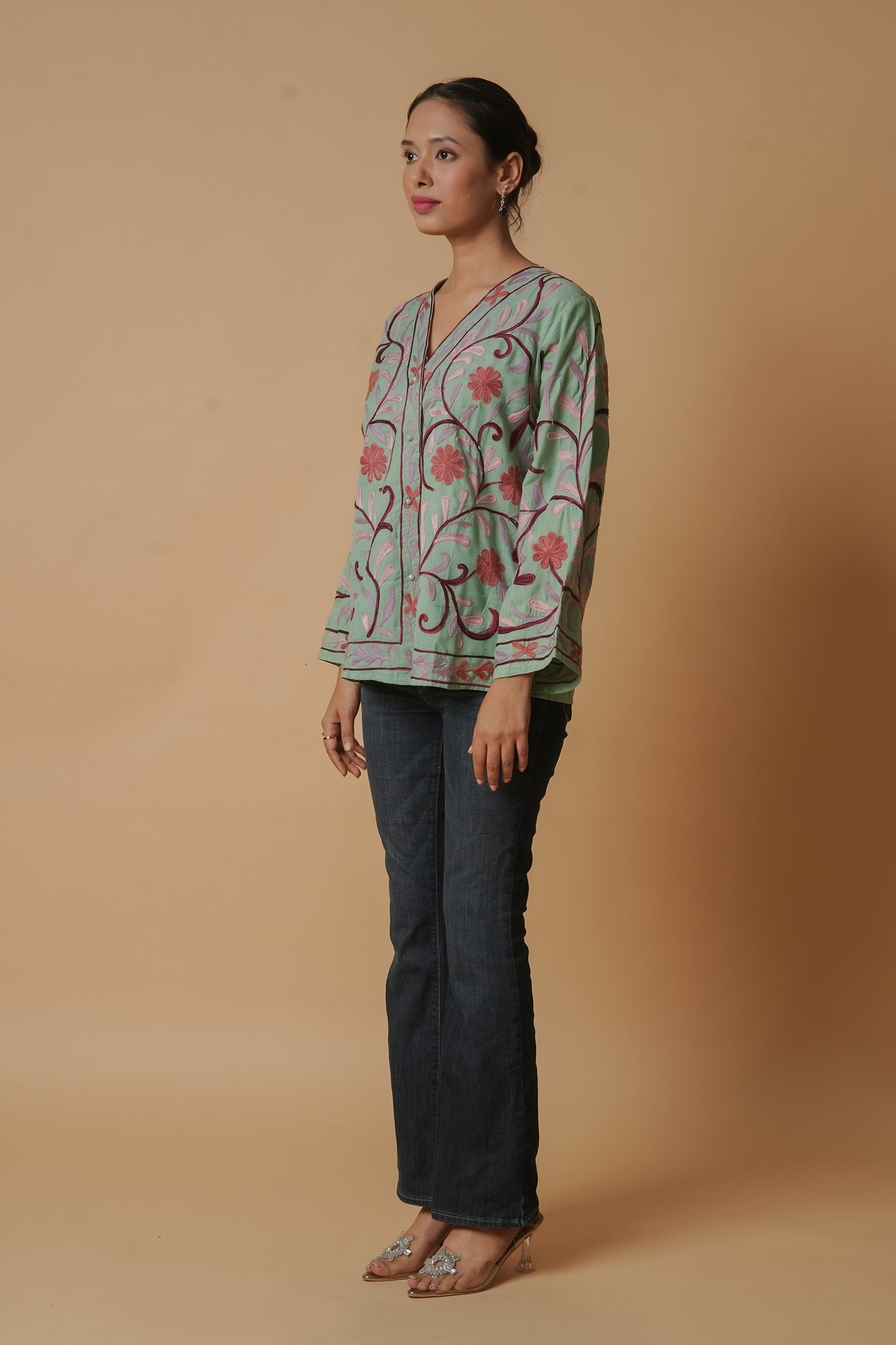 Kashmiri Jacket With Aari Work Cotton – Pista Green